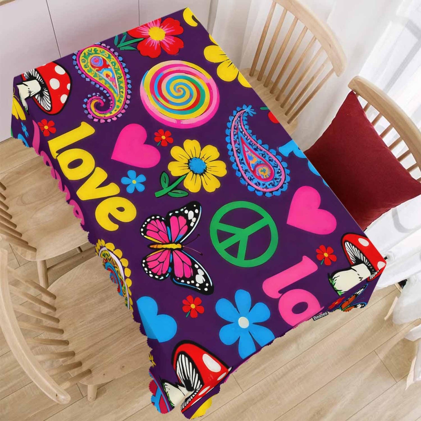Beabes Peace Symbol Table Covers Hippie Peace Paisley Floral Colorful Heavy Weight Tablecloth Picnic Table Cloth for Kitchen Dinning Tabletop Outdoor BBQ Buffet Rectangle 52x70 Inch