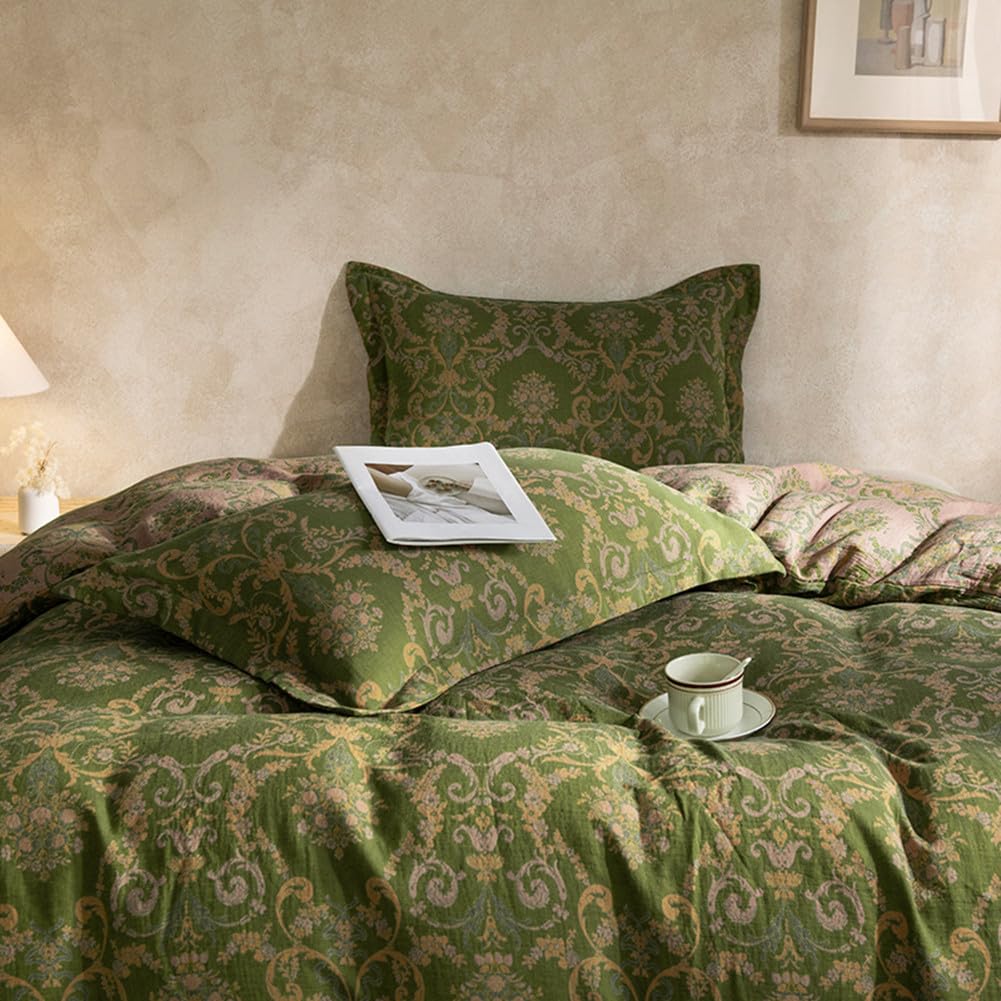 VM VOUGEMARKET Green Floral Duvet Cover Queen,3 Pieces Retro Boho Medallion Jacquard Flower Bedding Set,Linen Cotton Yarn-Dyed Textured Reversible Duvet Cover with Zipper Closure