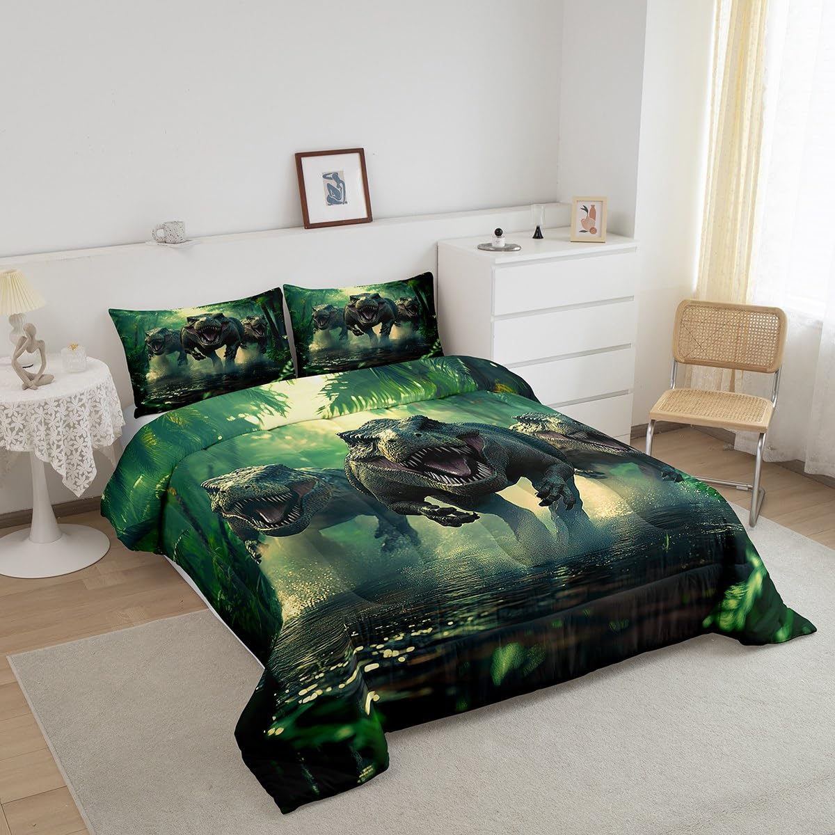 Feelyou Kids Dino Comforter Set Twin Size for Boys Green Dinosaur Bedding Soft Microfiber Dino Bed Set All Season Dinosaur Duvet Quilt with 1 Comforter + 1 Pillowcase