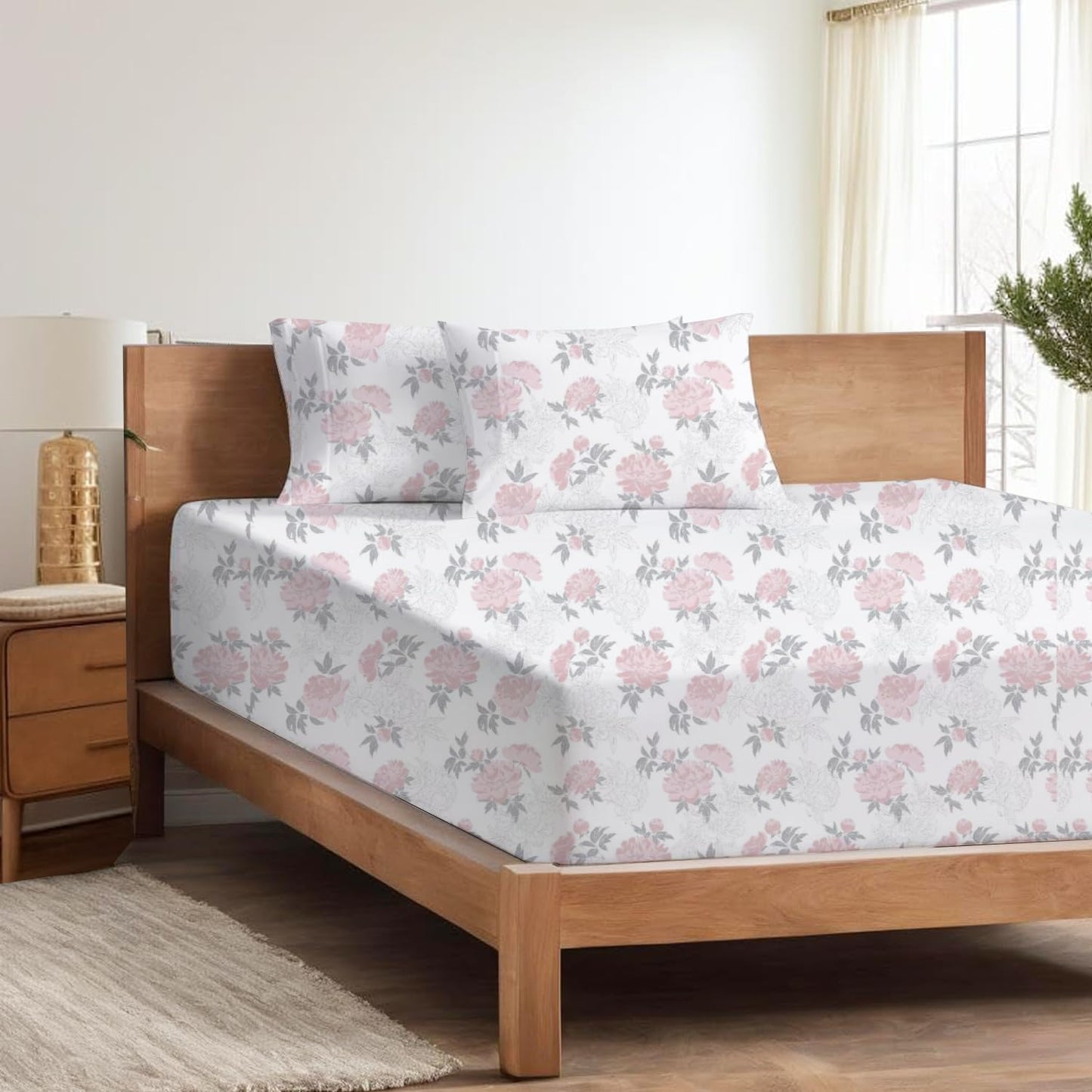 Queen Sheet Set - 4 Piece Bedding - Brushed Microfiber Soft Sheets for Queen Size Bed with Flat,Fitted Sheet,2 Pillow Cases (Blush Petals)