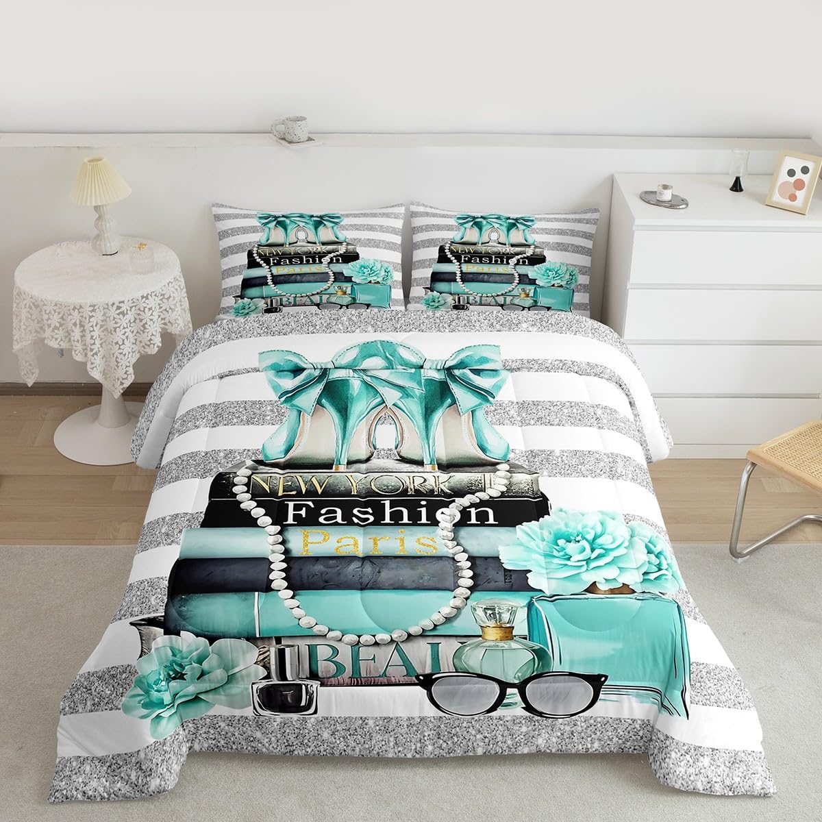 Erosebridal Paris Fashion Women Comforter King Size Teal Silver Modern Bedding Set for Kids Girls Teens Magazine White Stripe Girly Down Comforter Turquoise Rose Flower High Heel Makeup Duvet Insert