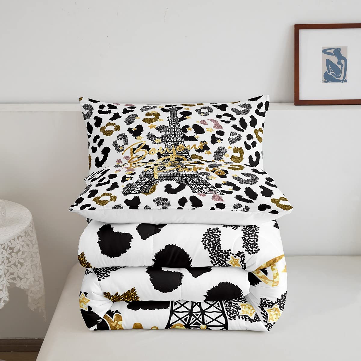 Feelyou Eiffel Tower Comforter Set Leopard Print Bedding Set for Kids Boys Girls Paris Tower Comforter Cheetah Print Quilt Set 1 Comforter Set with 2 Pillowcases Full Size