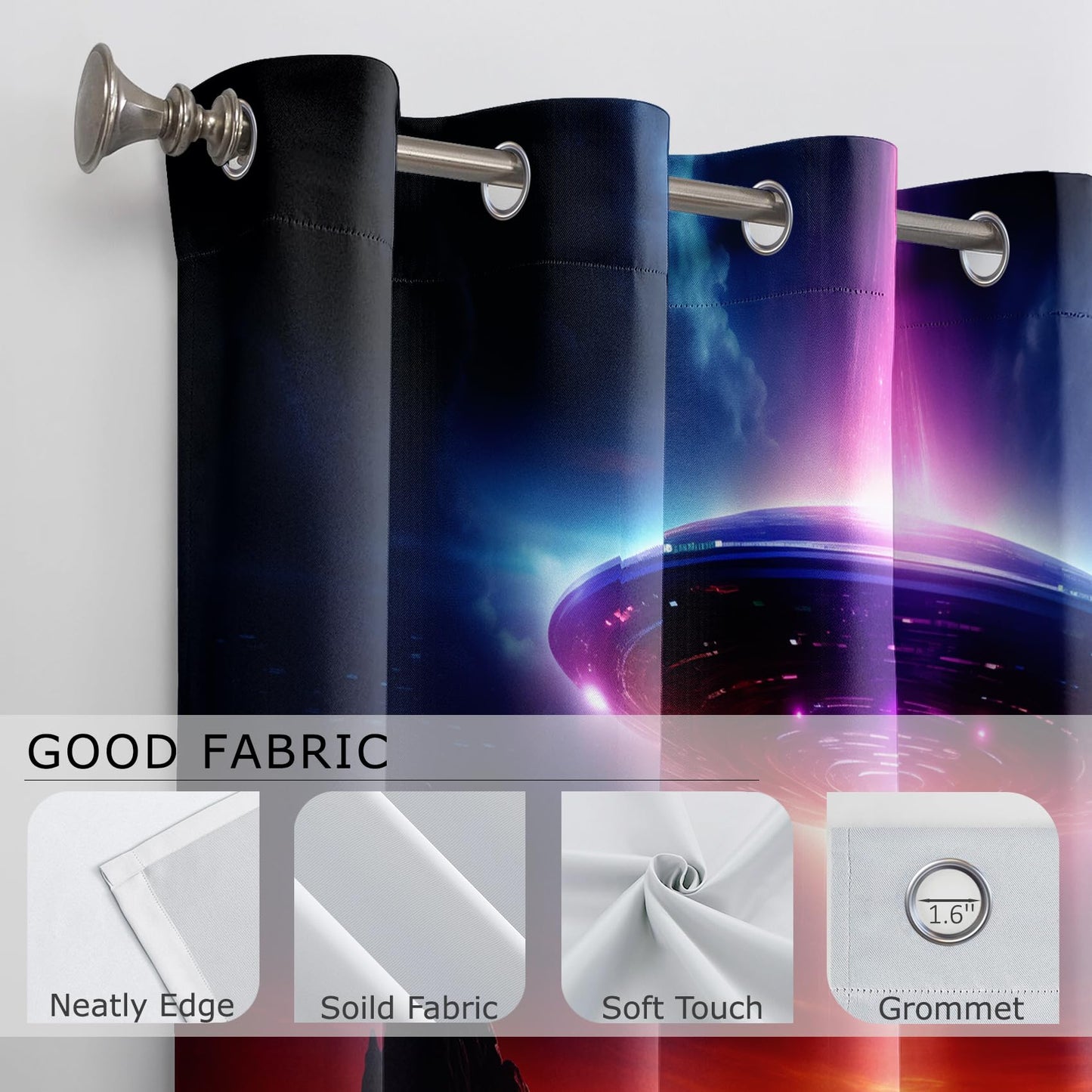 UFO Curtains Blackout, Alien Sci Fi Futuristic Spaceship Black Out Curtains 63 Inch Long Printed, Room Darkening Thermal Insulated Grommet Drapes for Bedroom Living Room