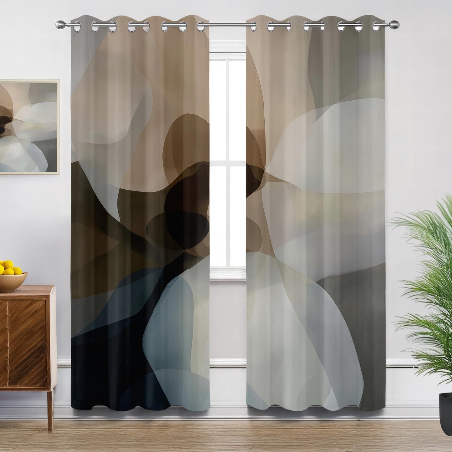 Solvivae Brown Grey Blackout Curtains for Bedroom Living Room, Abstract Modern Rustic Patterned Window Treatments, Room Darkening Thermal Insulated Grommet Drapes, 84 Inch Curtains 2 Panel Set
