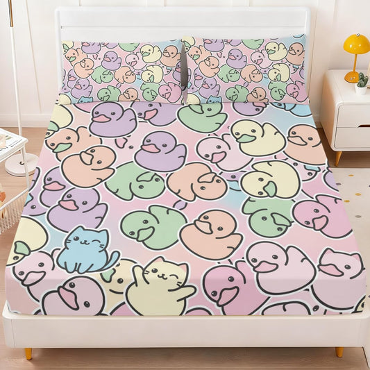 ARIGHTEX Pastel Duck Fitted Sheet Set Twin Size, 3 Pieces Cute Kawaii Animal Bedding with Cat & Duck Pattern, Soft Microfiber Bed Sheets for Girls Aesthetic Room Decor Gift