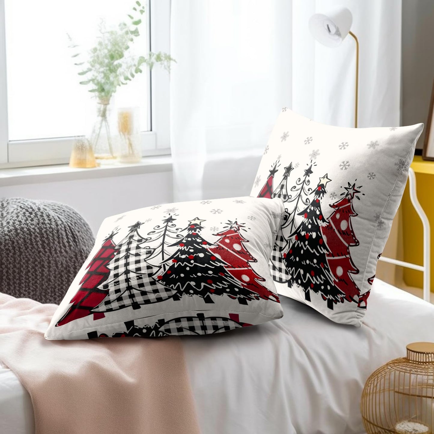 ABSOP Christmas Pillow Covers 18x18 Inch Red and Black Tree Pattern Decorative Throw Pillows Set of 2 Xmas Snowflake Pillowcases Winter Holiday Pillow Cases for Bedroom Sofa Home Decor