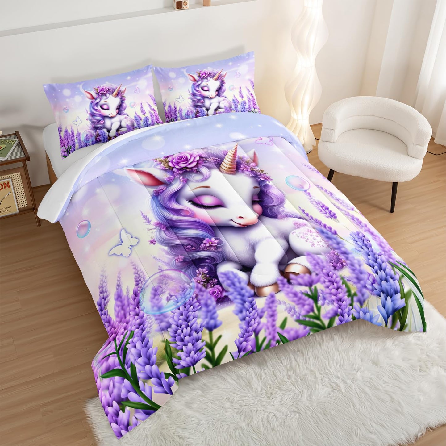 UEVBF Cartoon Unicorn Bedding Twin Size for Toddler Girls Room Decor,Lavender Flash Kids Comforter Sets with 2 Pillowcases.