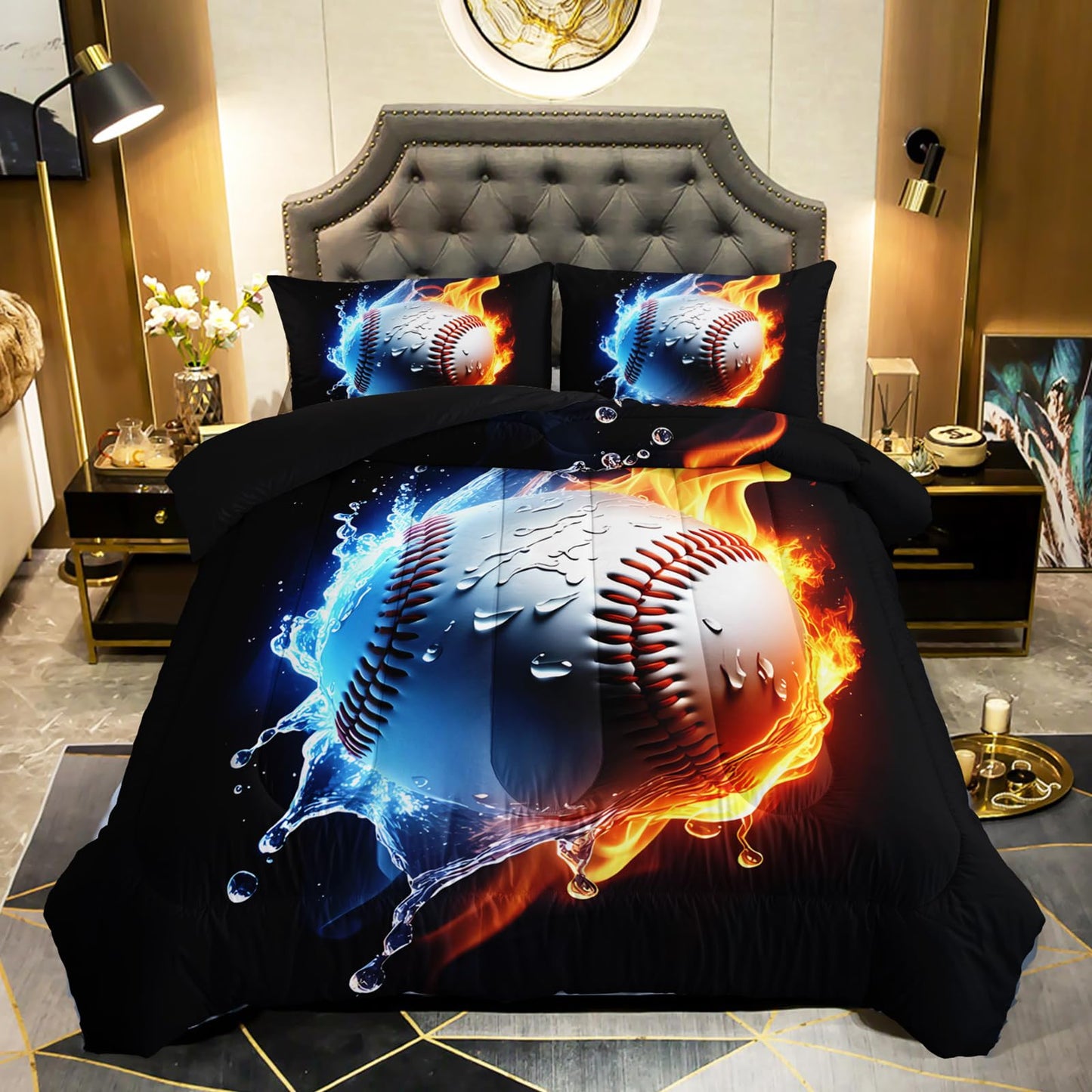 QOOMO 3Pcs Baseball Comforter Set Twin,Fire and Water Bedding Set for Teens Boys Girls,Sports Printed Comforter with 2 Pillowcases,Down Alternative,Soft and Lightweight