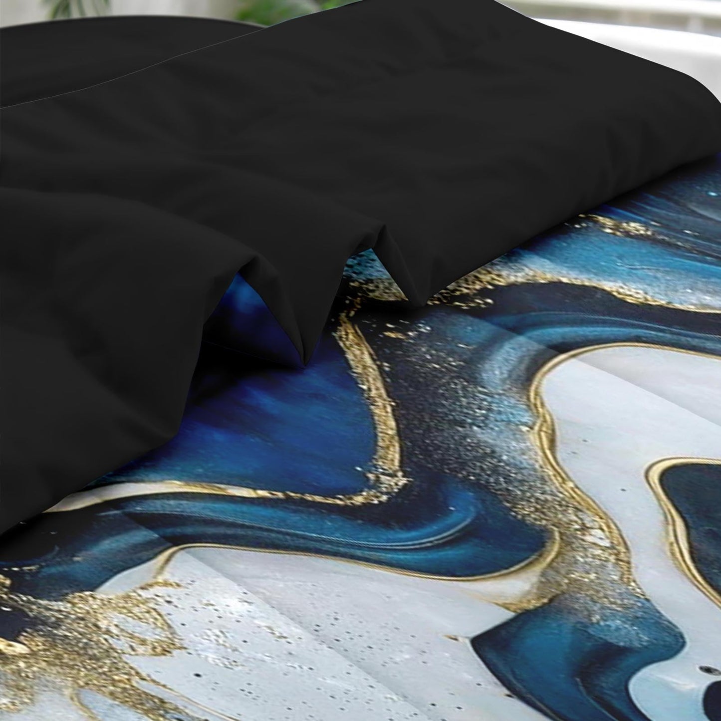 Pamnest Comforter Set Queen Size, Deep Blue Painting 7 Pcs Bedding Set for Kids and Adults, Gold Marble Stone Bed Sheet Sets with Fitted Sheet 2 Pillowcase & 2 Sham for Bedroom Bed Decor
