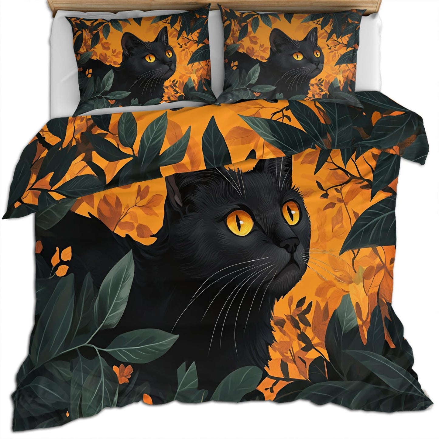PAISUOQ Black Cat Print Duvet Cover Full, Green Leaves Bedding, Cartoon Kids Comforter Cover with 2 Pillow Cases, 3 Pieces with Zipper & Ties, Bedroom Decor & Gifts