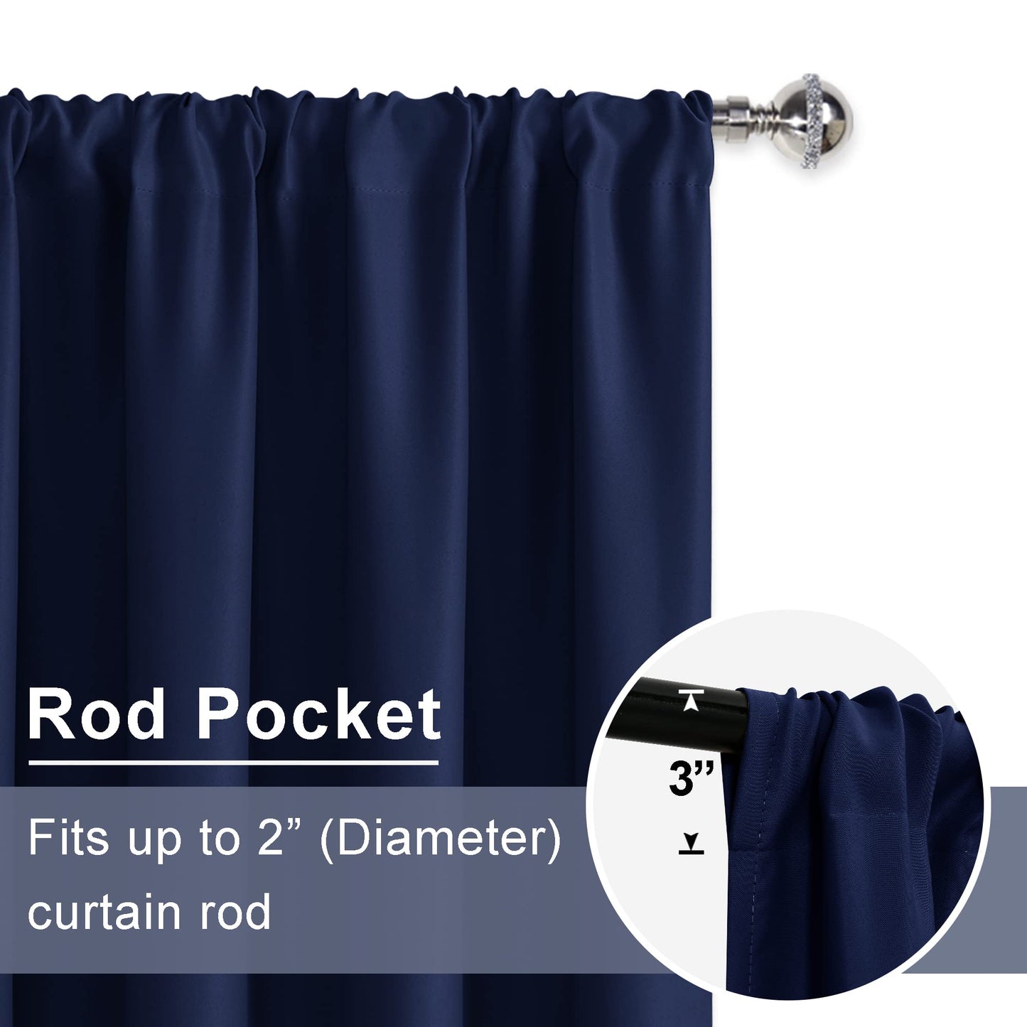 JIUZHEN Blackout Curtains for Bedroom– Thermal Insulated,Noise Reducing Room Darkening Drapes for Living Room, Rod Pocket Curtains with Tiebacks, Set of 2 Panels, 42 x 63 Inch Length, Navy Blue