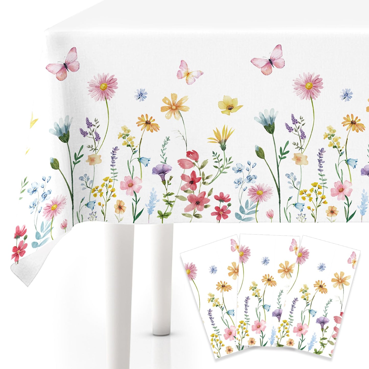 Lianxuia 3Pcs Spring Floral Tablecloth, 54 x 108 Inch Butterfly Wildflower Plastic Table Cover, Disposable Flower Themed Table Cloth for Wedding, Mothers Day, Tea Party Decorations