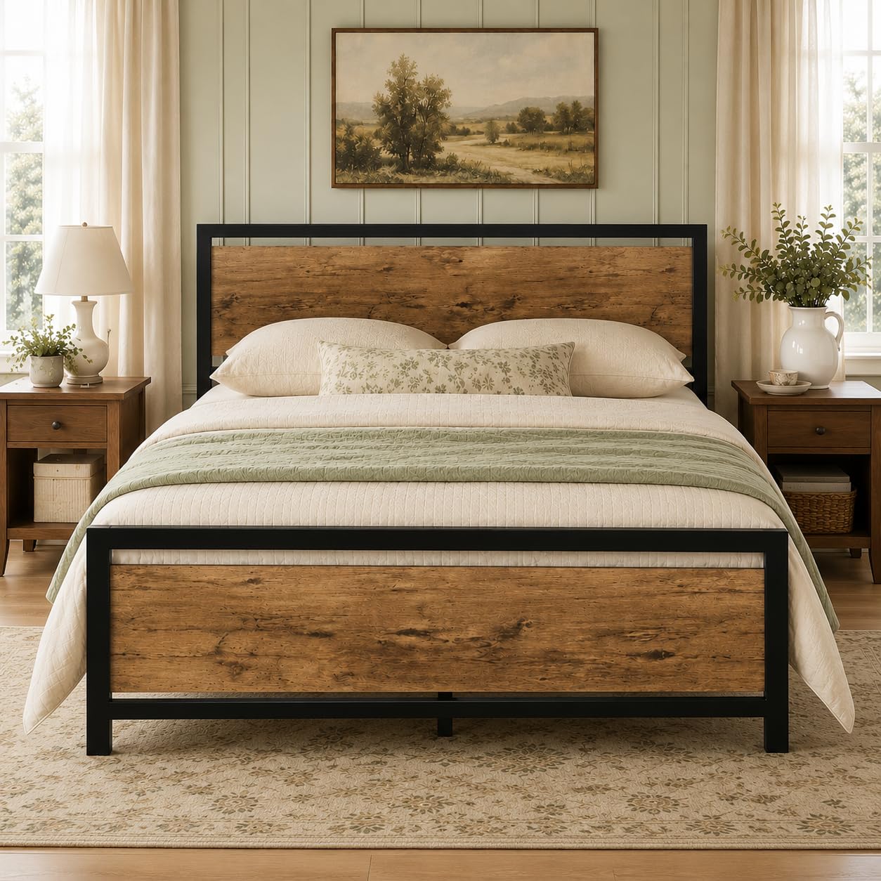 IMMERSTABLE Queen Bed Frame with Headboard, No Box Spring Needed, Sturdy Support Slats, Easy Assembly, Mattress Foundation for Bedroom, Guest Room and Apartment, Black Brown