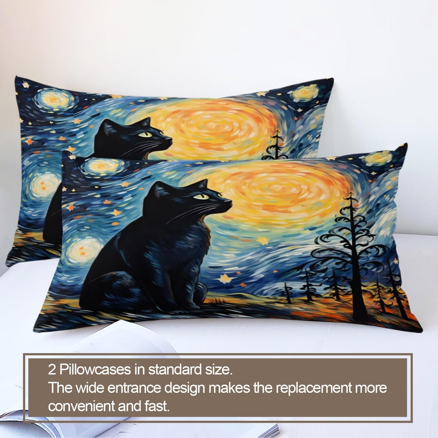 Cat Print Duvet Cover Queen Size - Mysterious Cat Home Decor & Gifts, 3 Piece Back to School Dorm Bedding, Easy Care Microfiber Comforter Cover & Pillowcases, Starry Night Blue