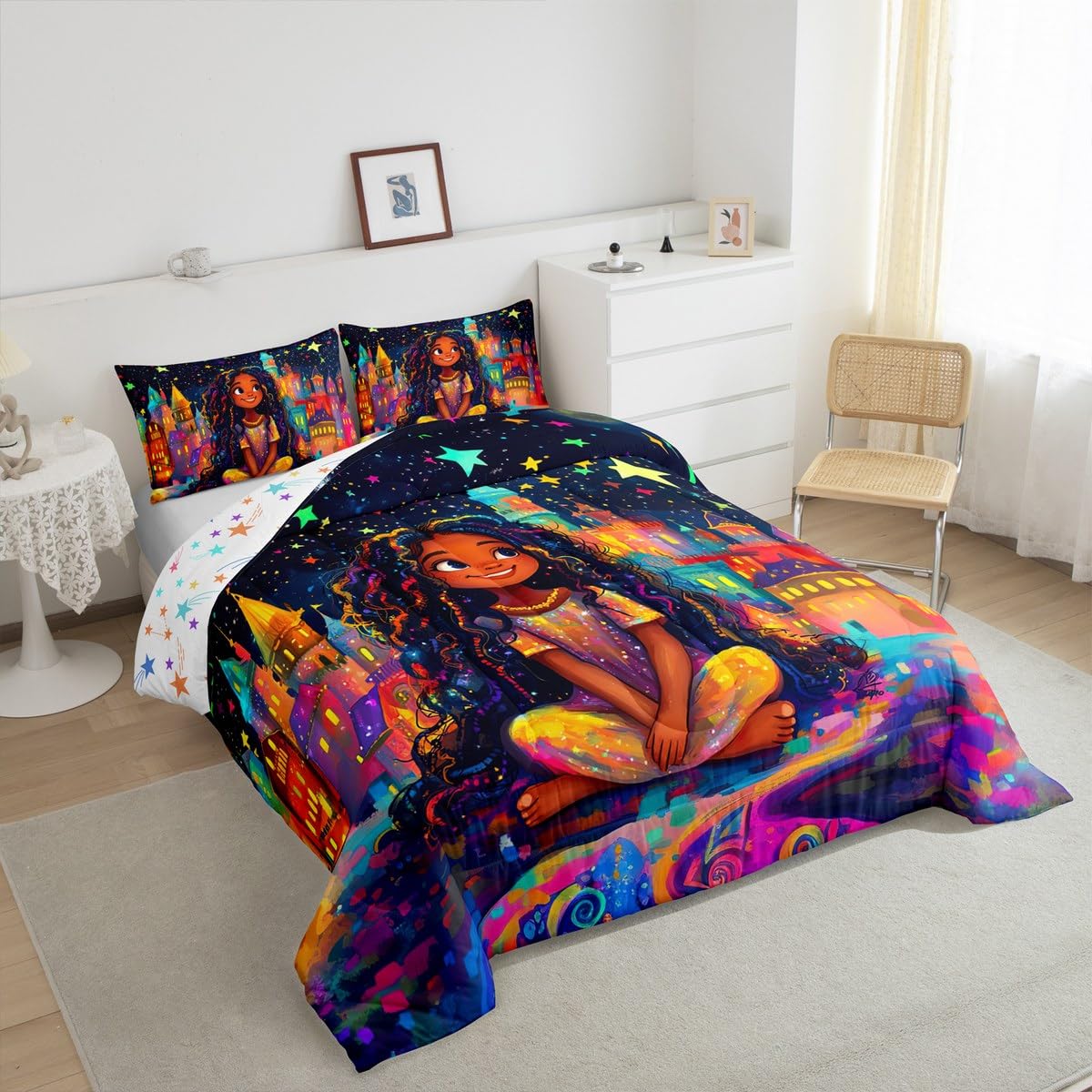 jejeloiu Kids Cute Black Girl Comforter Set Queen Size Castle Star Print Bedding Set for Boys Girls African American Girl Duvet Set Quilt Set,1 Comforter+ 2 Pillow Shams（No Glitter）