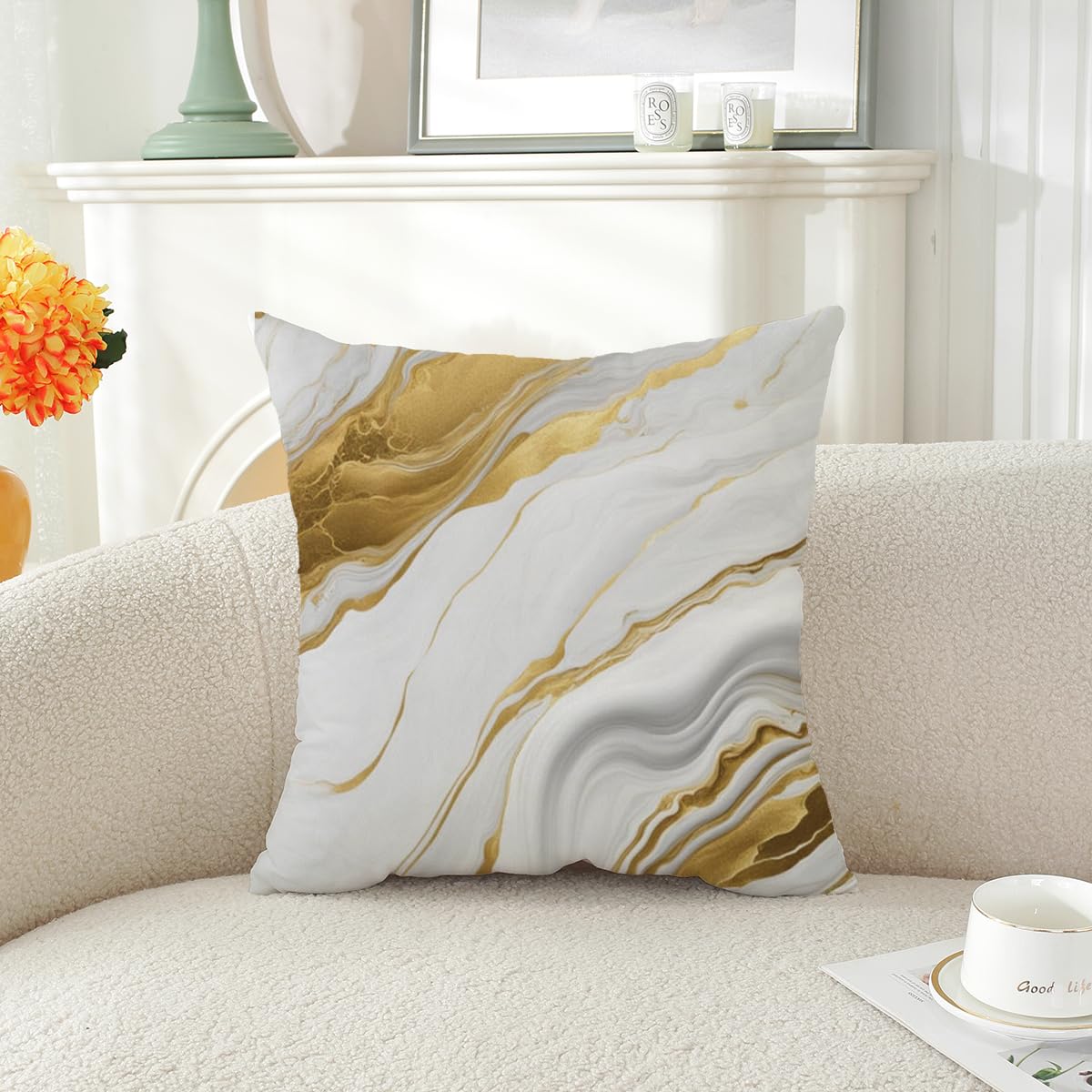 ZHLF Pack of 4,Gray Marble Throw Pillow Covers 18x18 Inch Two-Sided Grey Gold Abstract Art Modern Decorative Pillows Case Soft Cushion Covers for Couch Sofa Bed Home Living Room Décor