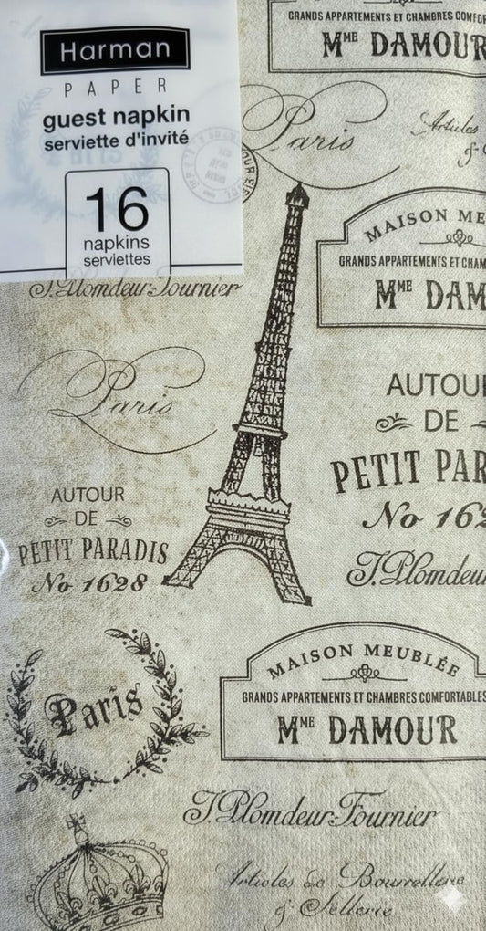 Harman Pack of 16 Paris Passport Eiffel Tower Decorative Guest Napkins Natural, 5 X 8-inches