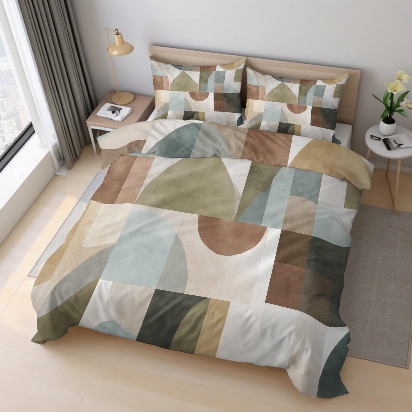 Abstract Geometric Duvet Cover Twin Size, Mid Century Modern Bedding Set 2 pcs with 1 Pillow Cover, Modern Geometry Bedroom Decor, Soft Microfiber Reversible, Zipper & Ties KJJT 108