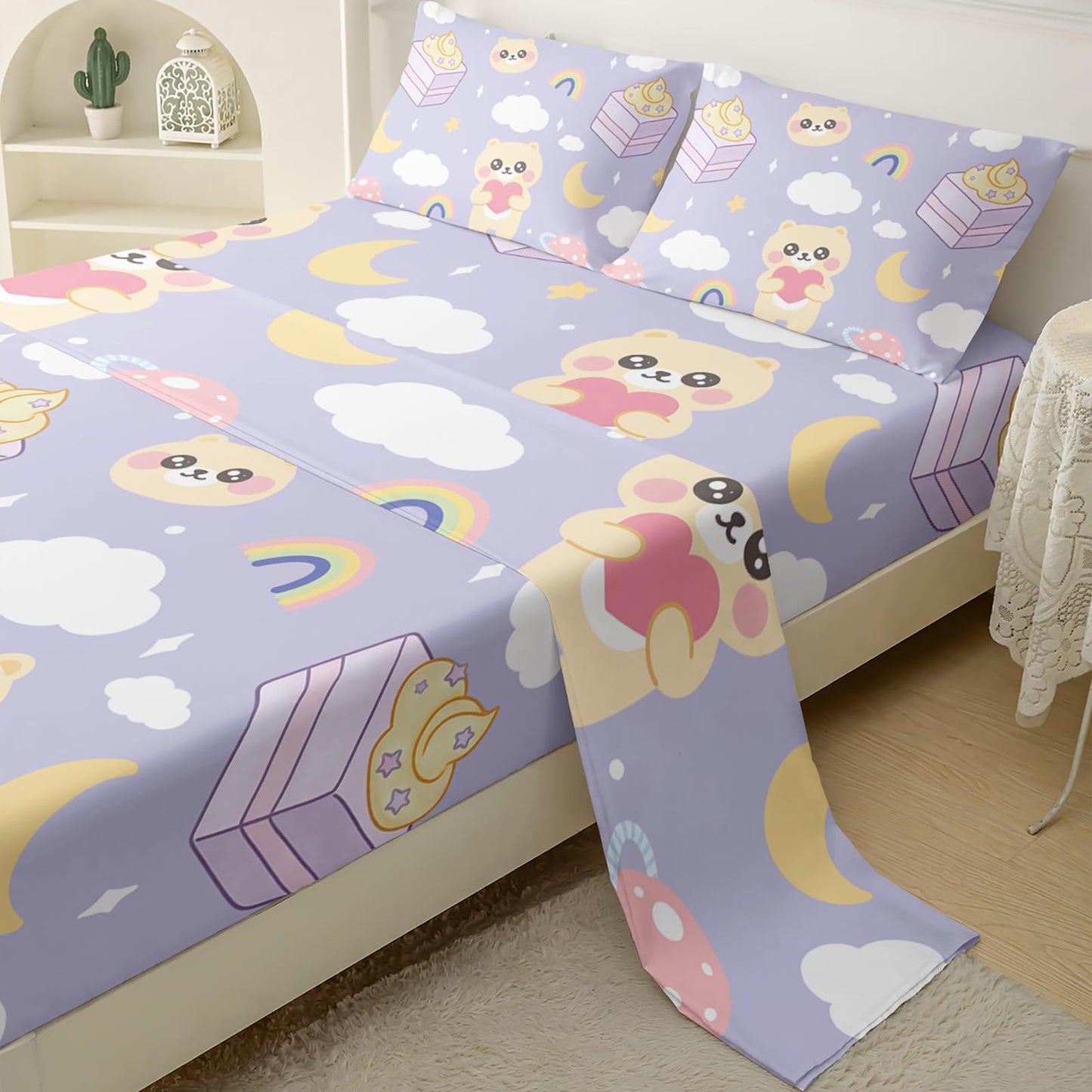 QOOMO Kawaii Kids Sheets Twin Size,Kawaii Bear 16" Deep Pocket Bed Sheet Set,Milk Printed Bedroom Decor Sheet Set Soft and Breathable for Girls/Kids/Teens,Twin Size