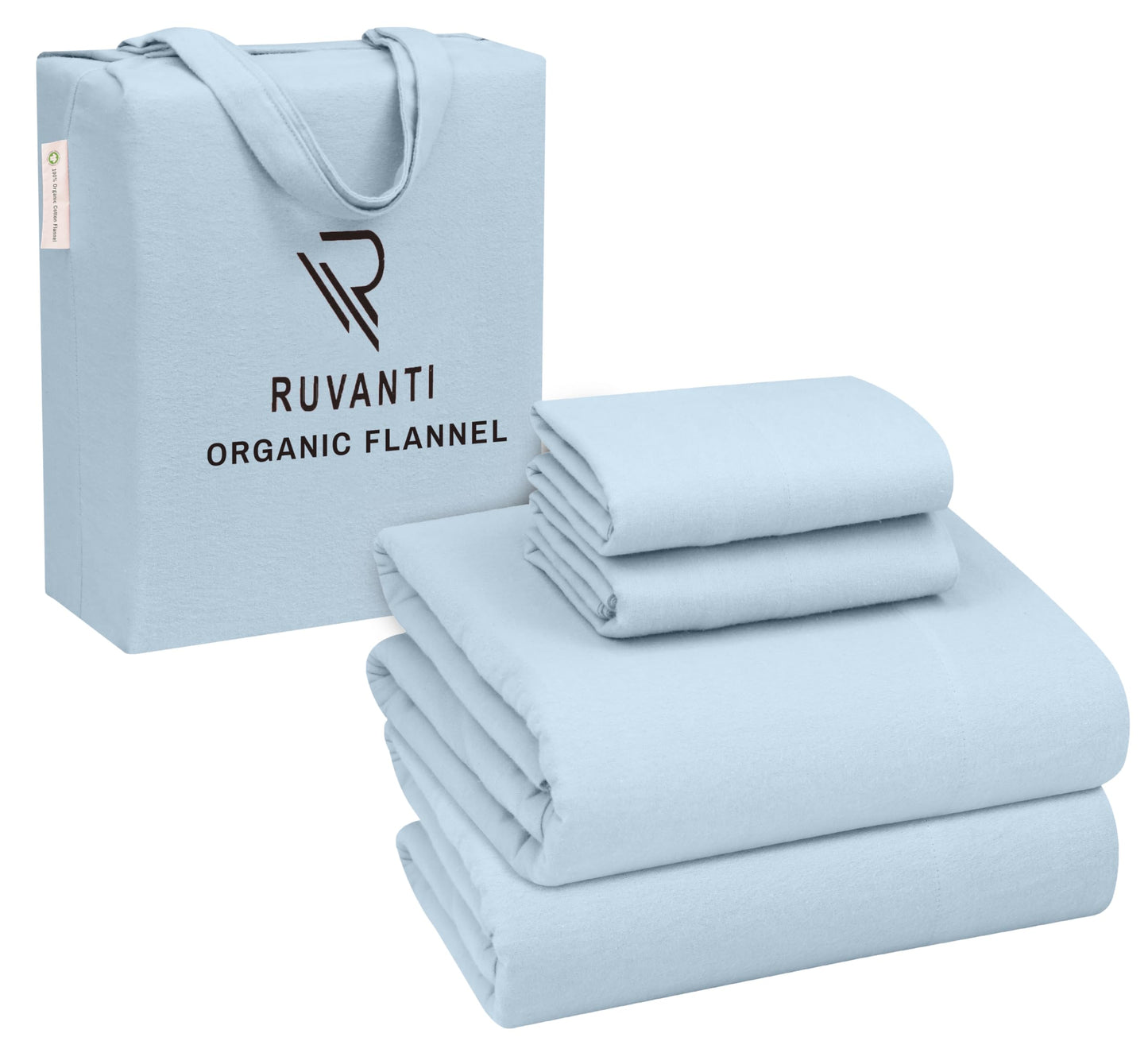 RUVANTI Flannel Sheets Queen Size - GOTS Certified 100% Organic Cotton, 4 Piece Warm, Soft & Breathable Set, Deep Pocket Snug Fit, Double Brushed Cozy All Season Bedding, Baby Blue