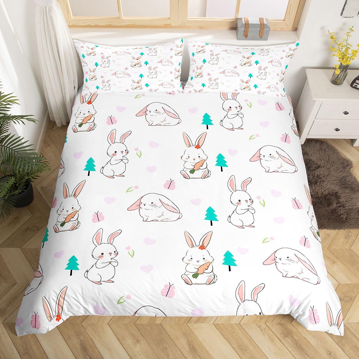 Erosebridal Cartoon Rabbit Duvet Cover Twin Rabbit Carrot Comforter Cover for Kids Teens Heart Pattern Bedding Set Lovely Animal Bed Set