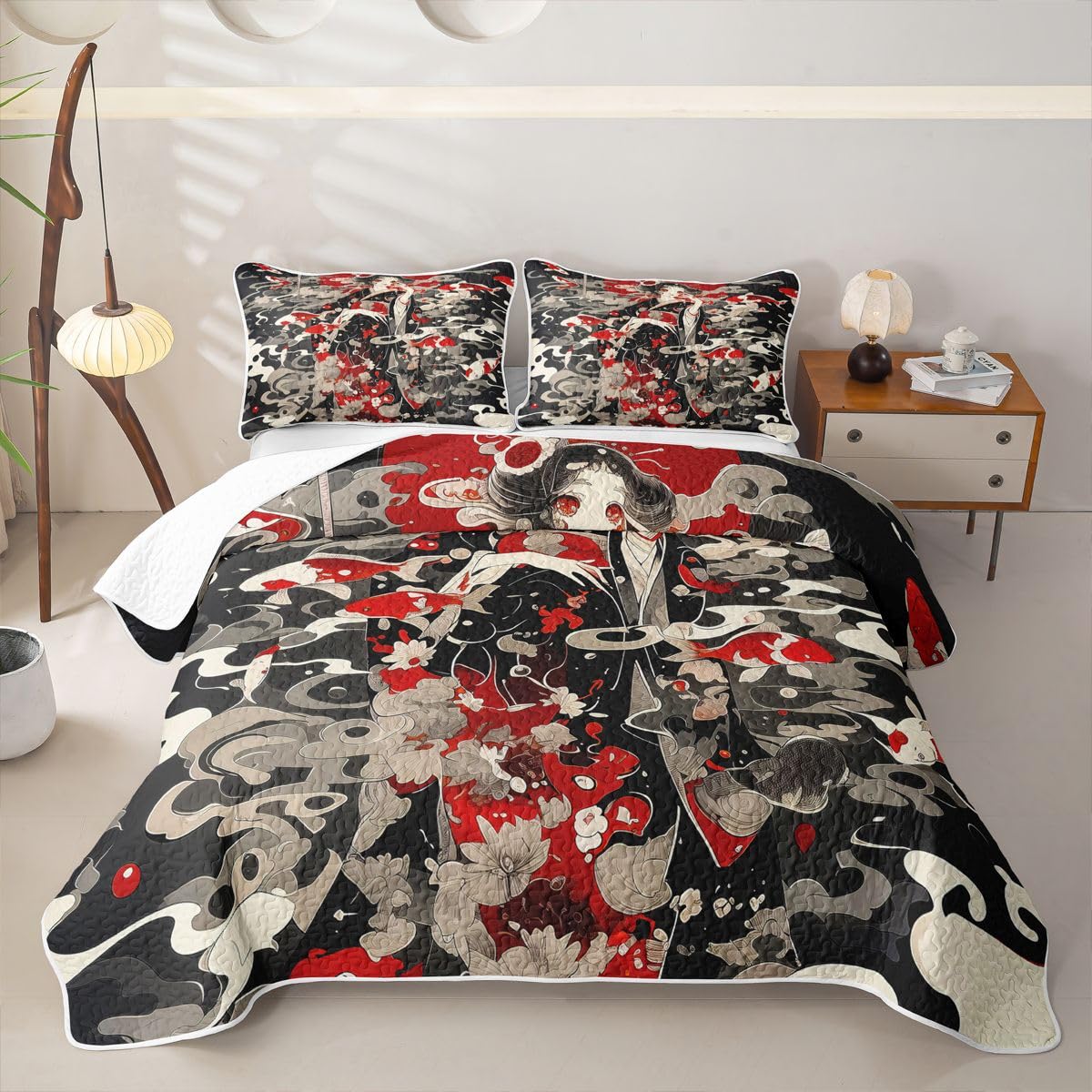 Erosebridal Japan Geisha Quilt Twin Size - Japanese Koi Fish Bedspread Traditional Asian Girls Bed Coverlet with 1 Pillowcase
