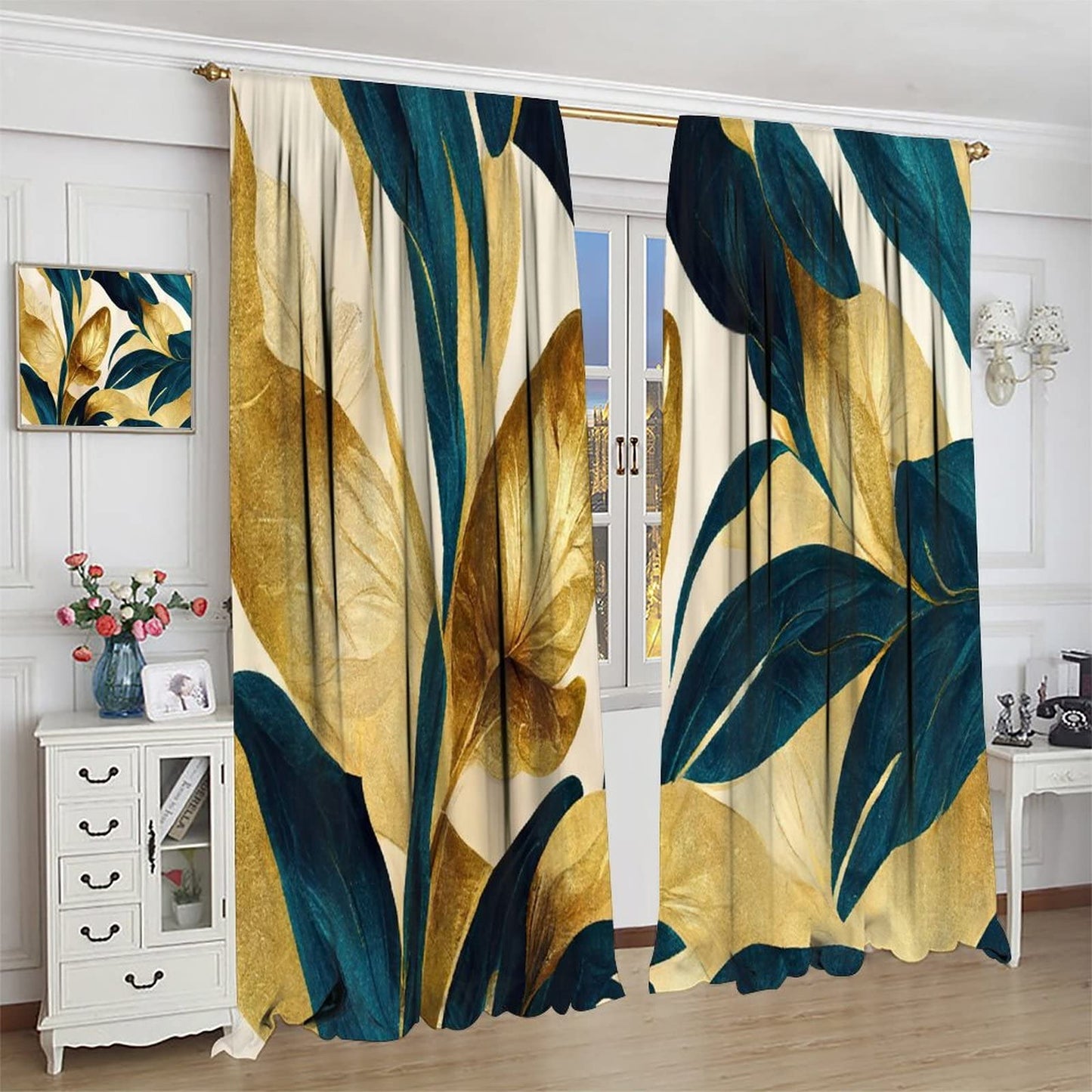 JESTRONRY Abstract Floral Curtains,Elegant Green Gold Summer Plant Printed Patterns Rod Pocket Window Drapes for Living Room Bedroom Bathroom Decor W42xL45in