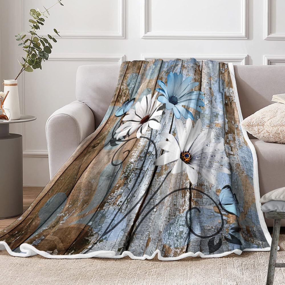 JAWO Farmhouse Flower Floral Throw Blanket, Rustic Blue Daisy Fleece Cozy Warm Bed Couch Blanket, Country Blue Brown Fleece Flannel Throws to Decorate the Room and Bedroom Warm Blanket 50X60IN