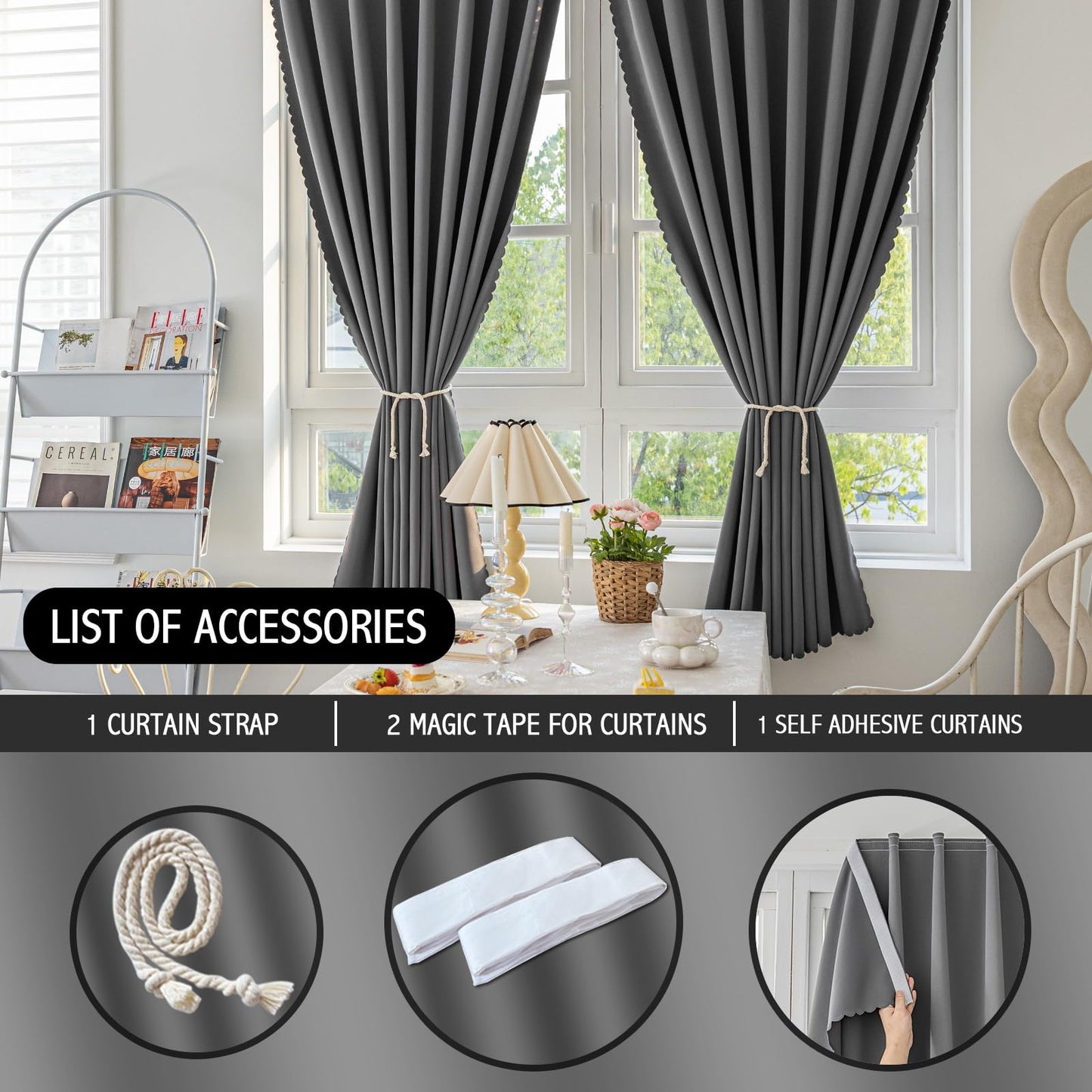 Jilron Magic Tape Stick on Curtains Blackout Curtains for Bedroom no Drillng Self Adhesive Curtain no Rod Small Window (Grey, 35" W x 40" L) 2 Panels
