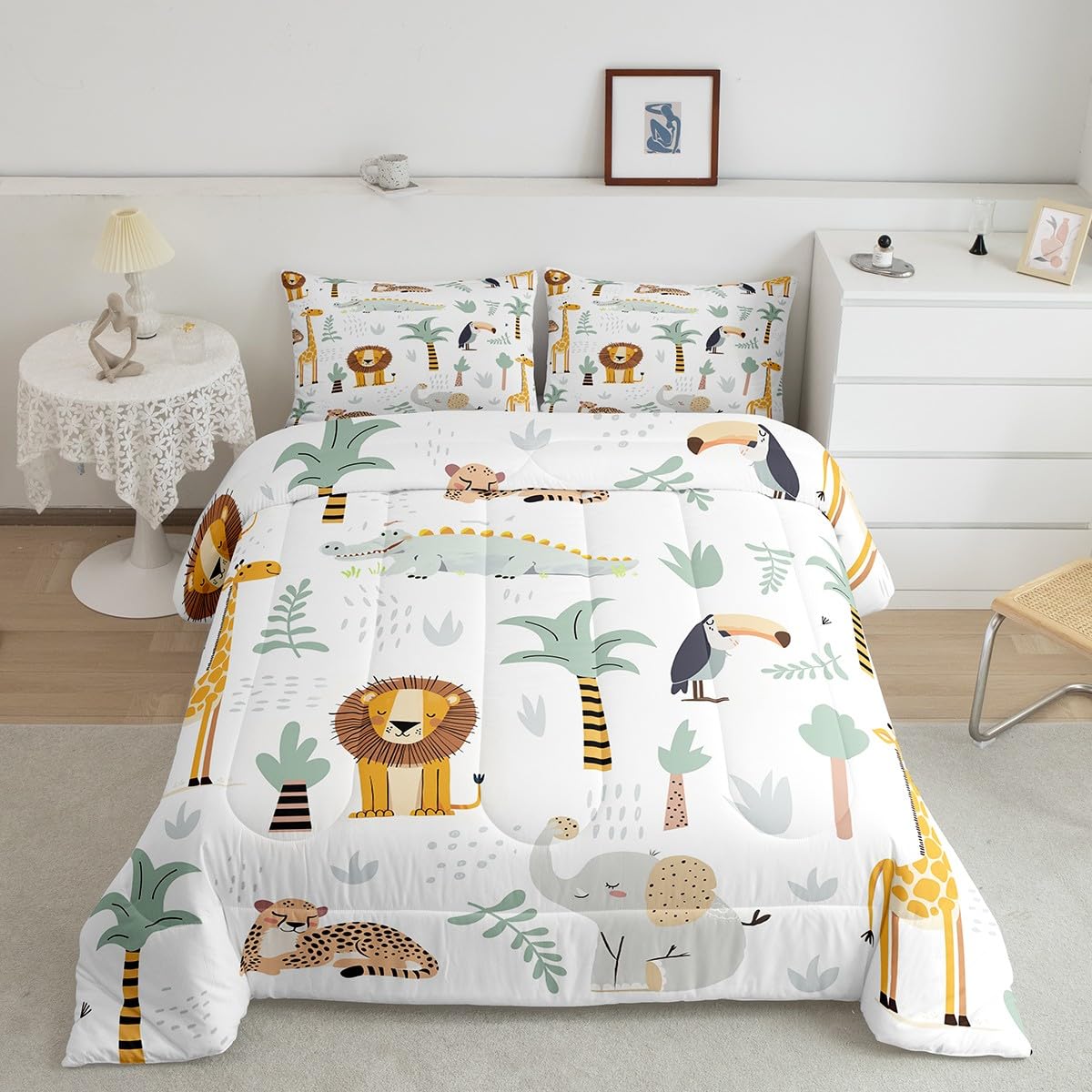 Feelyou Zoo Animal Bedding Set Cute Animal Comforter Set Wildlife Comforter for Women Men Room Decor Cute Giraffe Duvet Set King Size with 2 Pillow Case
