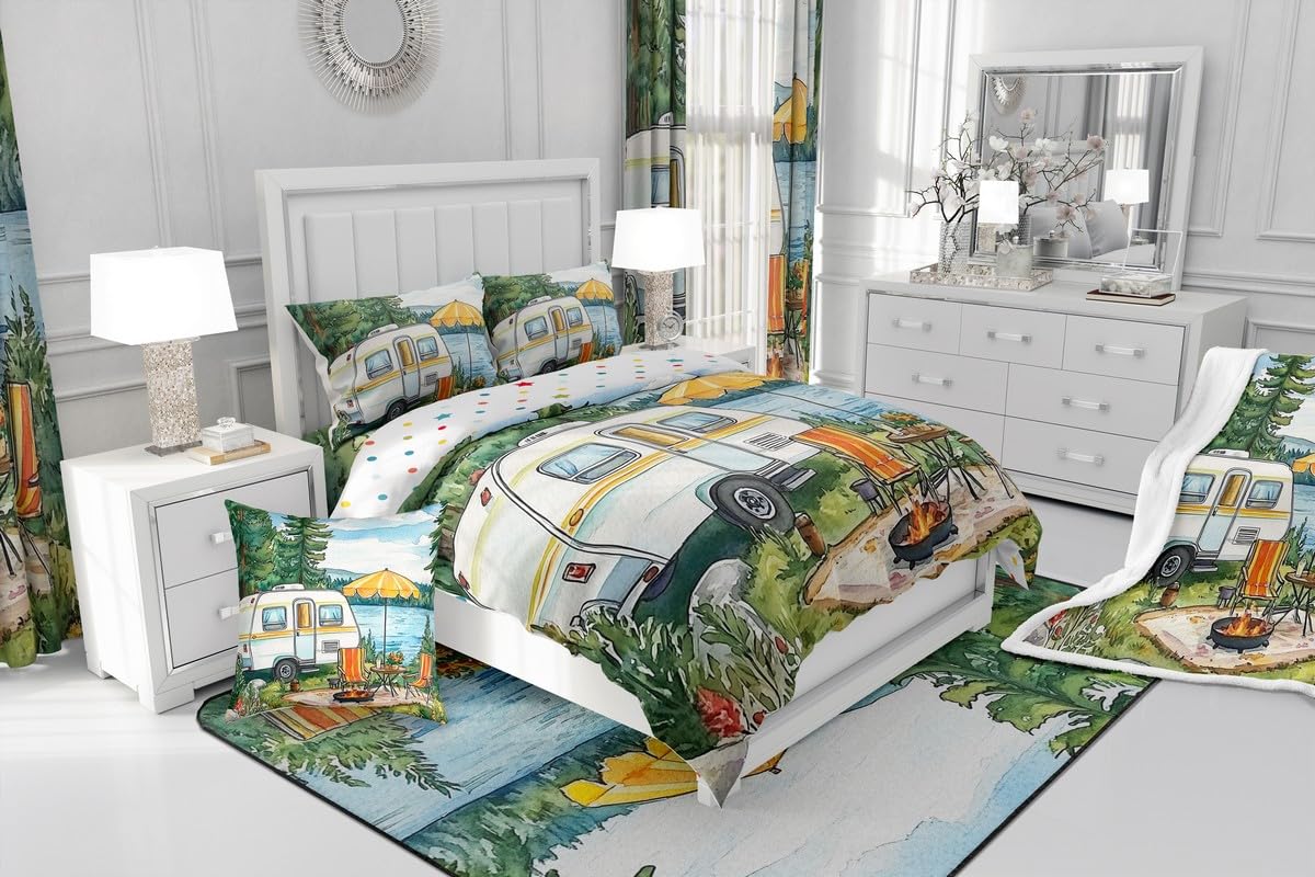 Erosebridal Camper Rv Car Bedding King,Happy Camping Comforter Set Travel Trailers Bed Sets Watercolor Painting Theme Duvet Insert 3 Pieces