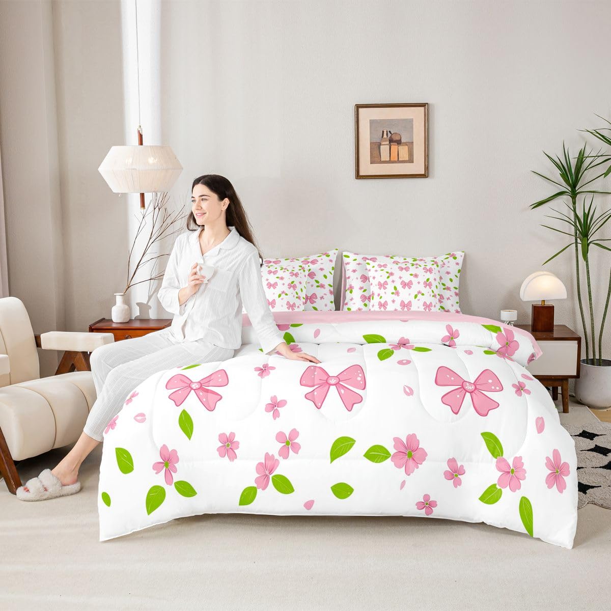 Erosebridal Pink Bow Knot Comforter Set Cherry Blossoms Bed in A Bag Queen Size 7 Pieces Pink Bow Tie Bed Set Room Decor Dreamy Kawaii Japanese Bedding with Sheets