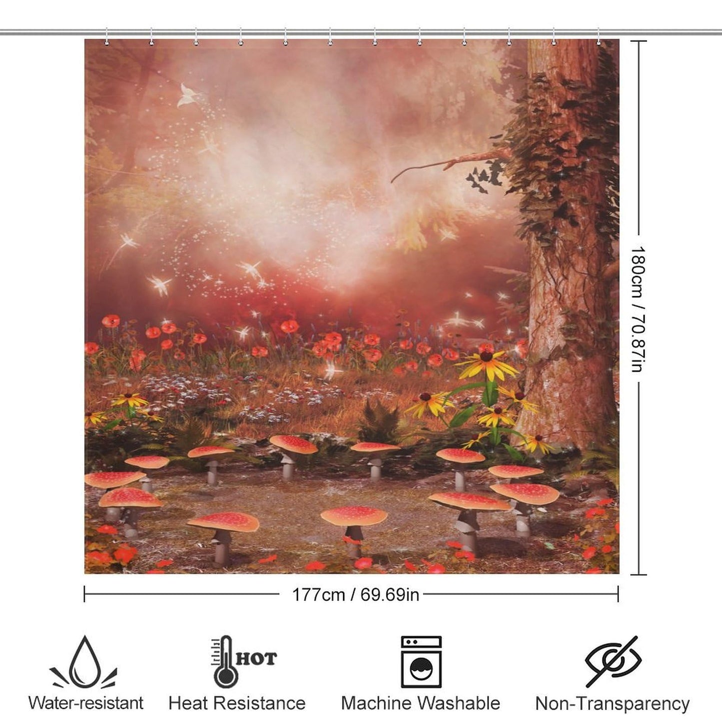 TYVGICZ Fantasy Forest Bath Curtain Fairy Magical Jungle Mushroom Floral Tree Butterfly Lantern Wonderland Nature Plant Shower Curtain for Bathroom Laundry Room Home Bedroom Decor,66x72 Inch