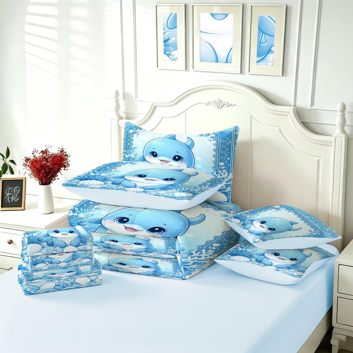 FUYEUN Dolphin King Comforter Set with Sheets for Kids Boys Girls Print 7 Pieces Cute Bedding Set Blue Cartoon Animal Bed in a Bag Princess Room Decor