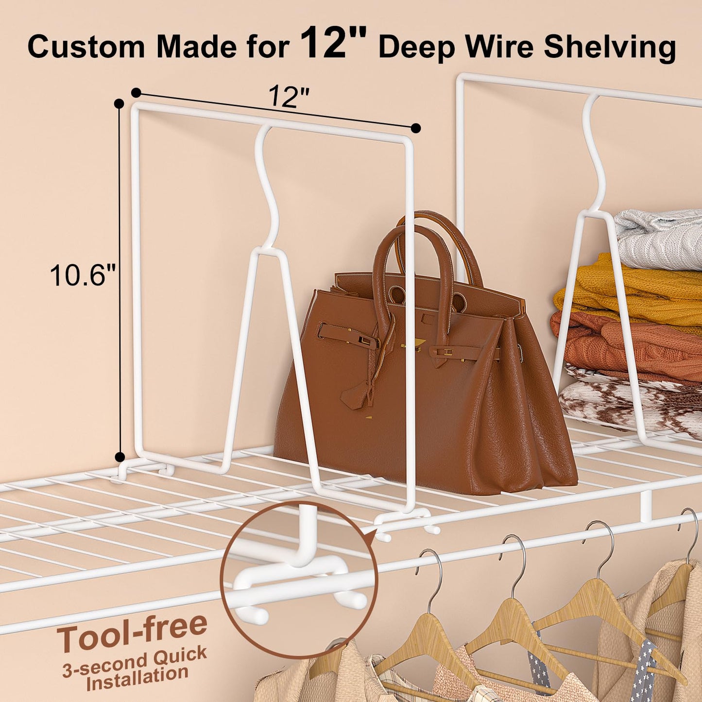 Saccik Wire Shelf Dividers for Closet: Clothes, Purse, Sweater Organizer, Vertical White Metal Rack Separators for Pantry, Bedroom, Kitchen Organization on Shelving (12" D x 10.6" H, 8 Pack)