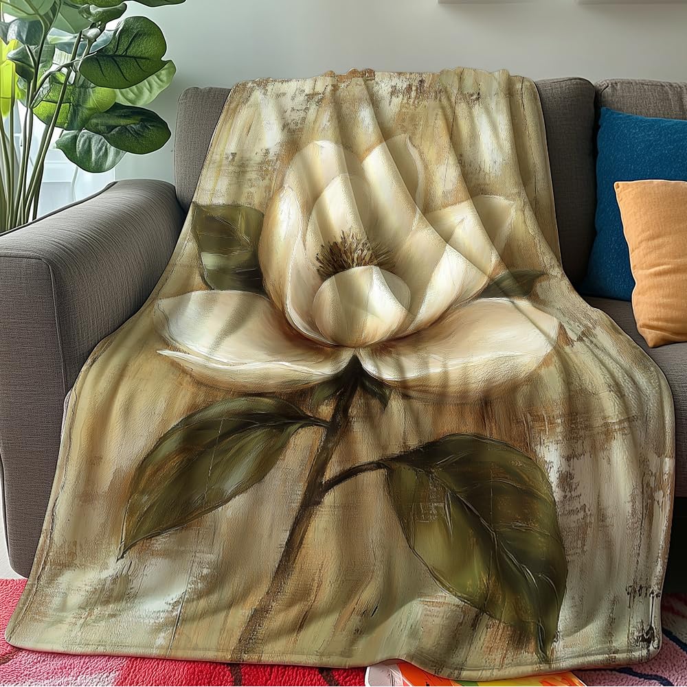 HUNXIAOJ Magnolia Blanket Flower Print Blanket Magnolia Floral Decor Warm Soft Flannel for Teens Adults Bed Sofa Couch (49in x 59in)
