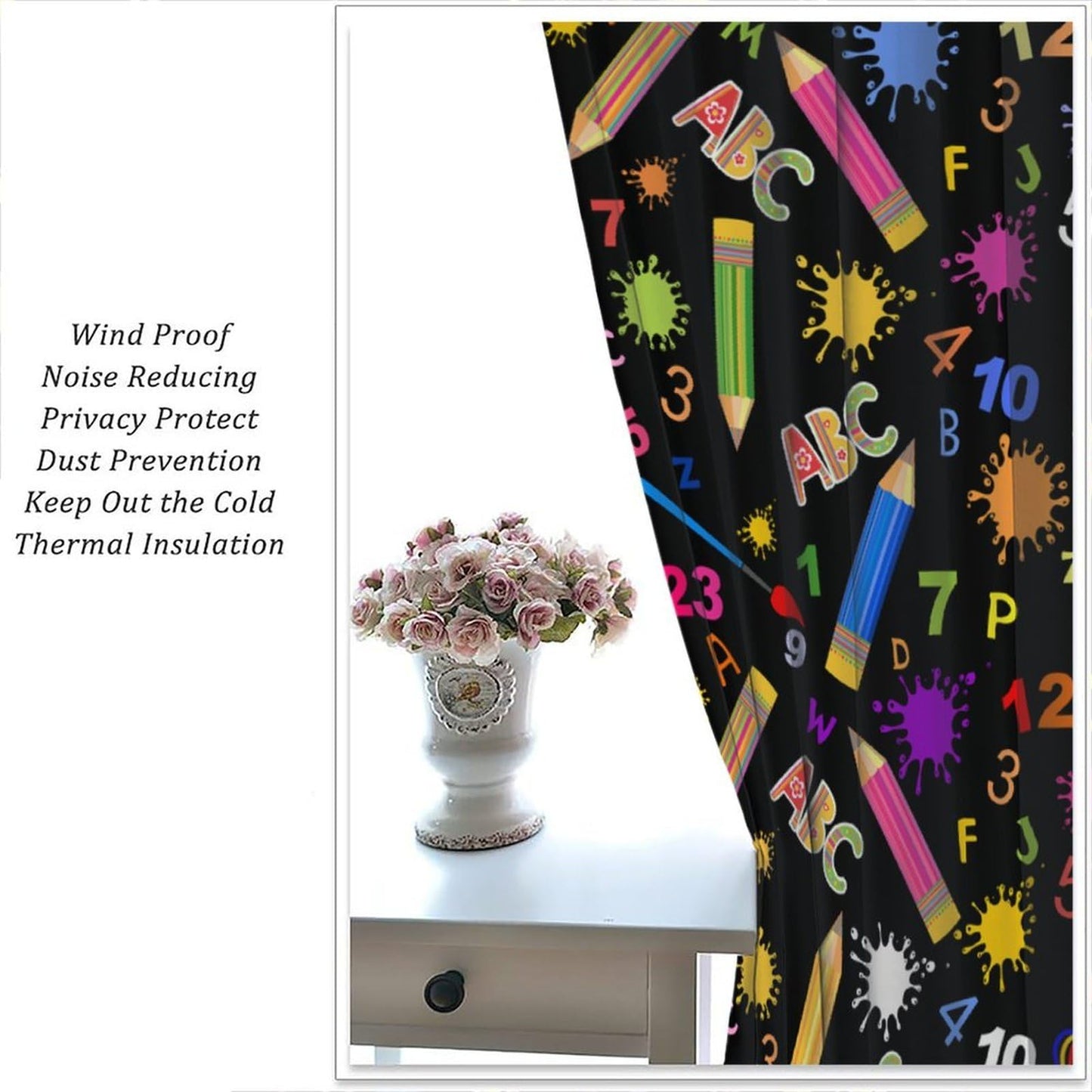 JanJCurt Back to School Curtains, Colorful Doodle Pencils ABC Numbers Cartoon Cute Supplies Stationary Print Window Treatments Curtains for Kids Bedroom Classroom, 42x45 (No Blackout)