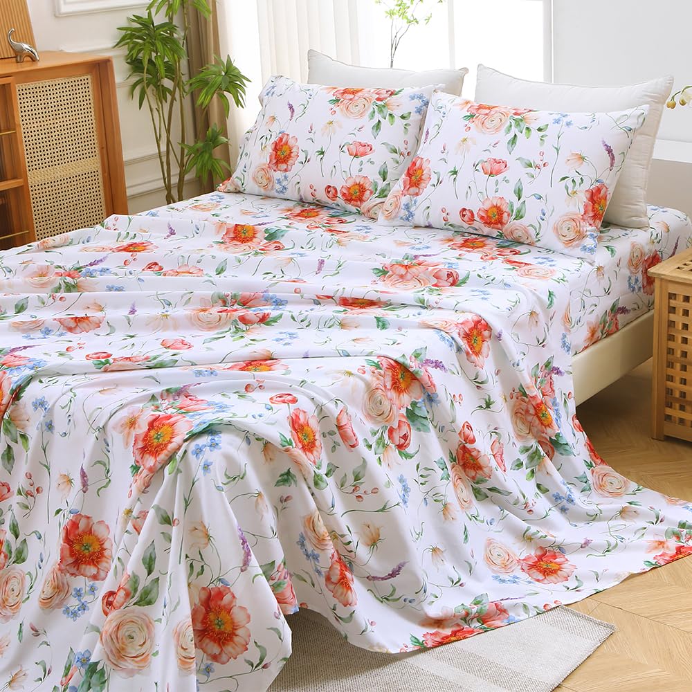 MUXHOMO King Size 4 Piece Sheet Set, Soft & Breathable Sheet Set for Bedroom with Deep Pocket Up to 16", Wrinkle-Free & Cooling Bed Sheets with Flat Sheet, Fitted Sheet & Pillowcases - Blooming Rose