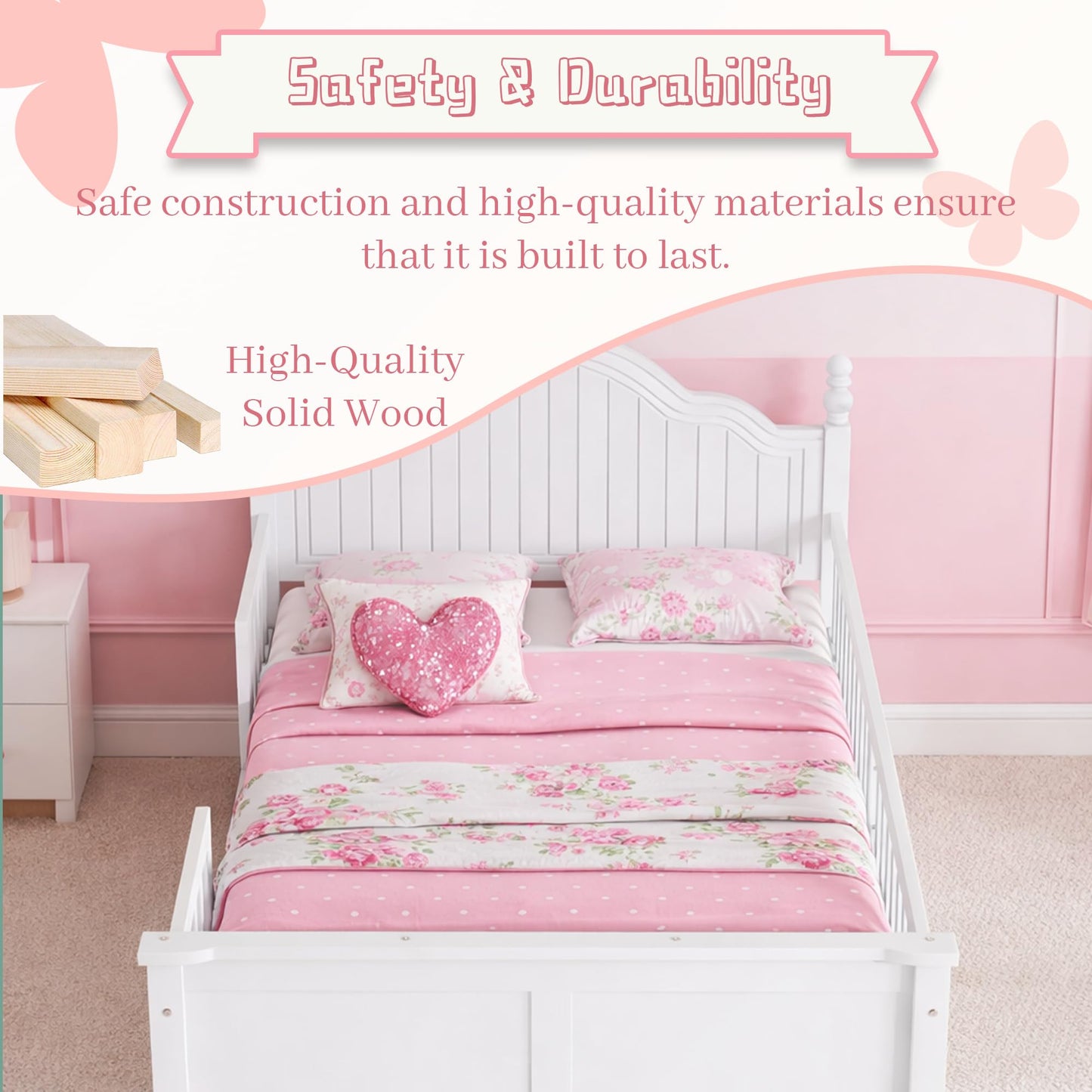 OYUMOENTS Twin Bed with Rails, Low Profile Twin Bed Frame with Rails & Headboard, Wood Kids Platform Beds with Footboard for Boys & Gilrs, No Spring Box Required, No Squeaks, White