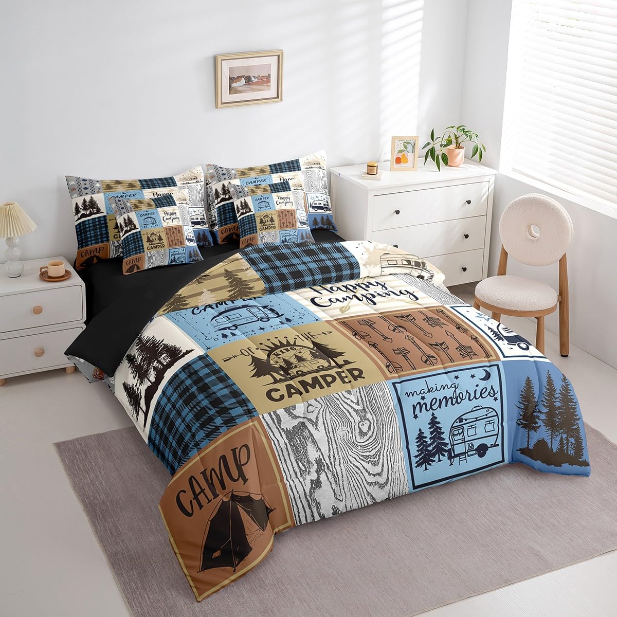 Erosebridal Happy Camping Bedding Set Queen Rv Camper Comforter Set 7 Piece for Travel Trailers Bunks,Rustic Buffalo Plaid Pine Trees Camper Car Decor Bed in A Bag Rv Accessories for Inside Bed Set