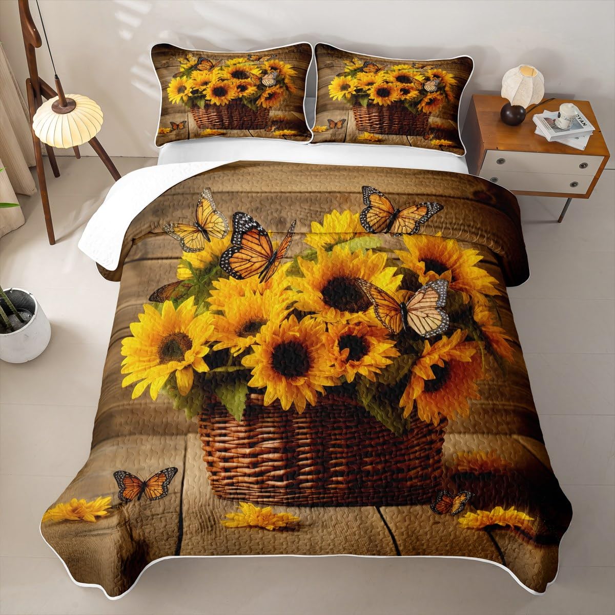 Erosebridal Girl Sunflower Quilt Set Twin Butterfly Bedding Coverlet Yellow Floral Bedspread with 1 Pillowcase All Season Romantic Garden Style Soft Bed Lightweight Comforter