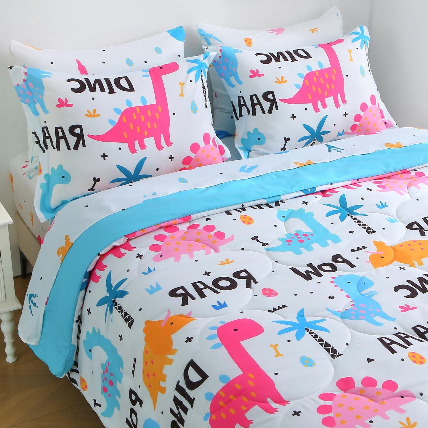 Wajade 7 Piece Kid Girls Dinosaur Comforter Set Queen Size 3D Pink Dinosaur Wild Park Jungle Print Bedding Set with Comforter, Sheet Set, Pillowcase and Sham