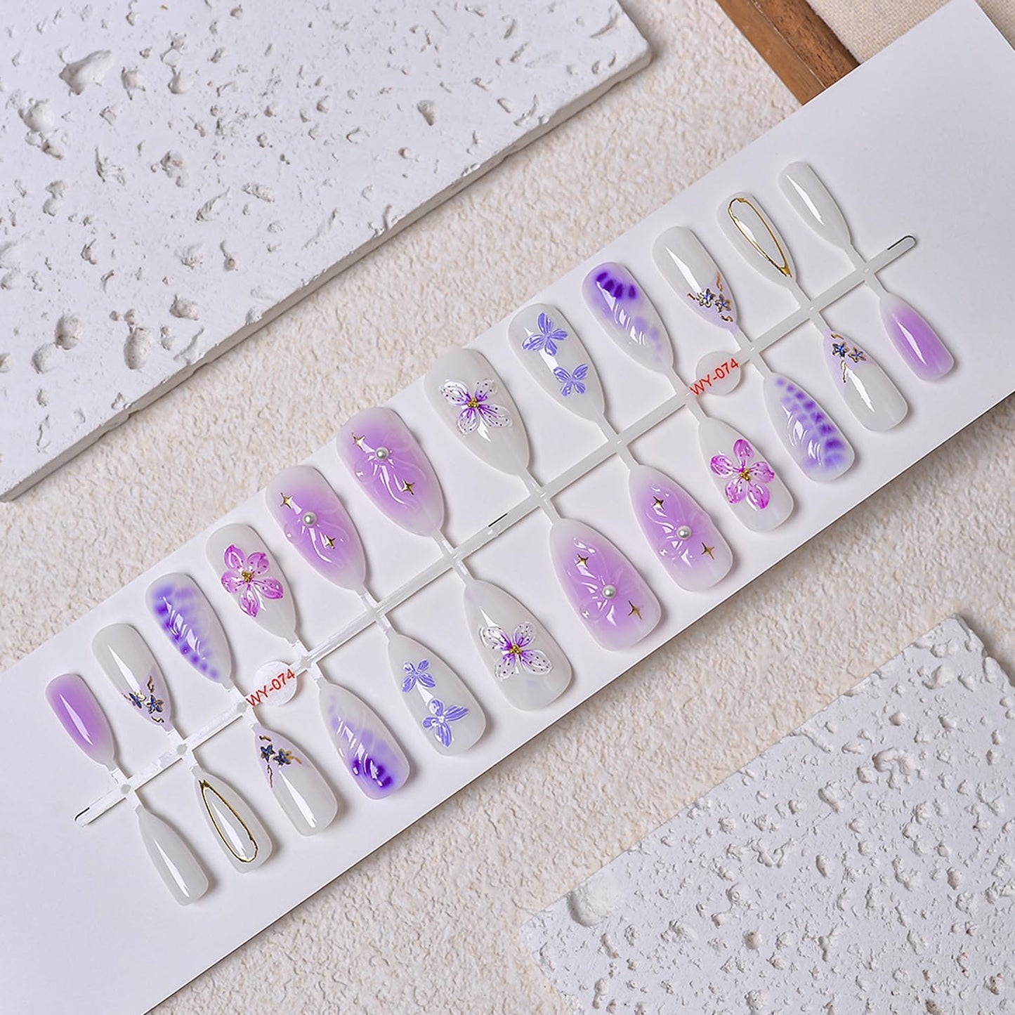 24Pcs Gradient Purple Flower Press on Nails Medium Almond Fake Nails with Floral Butterfly Star Designs Glossy French Nails Tip with 3D Floral & Pearl Nail Art Handmade False Nails for Women