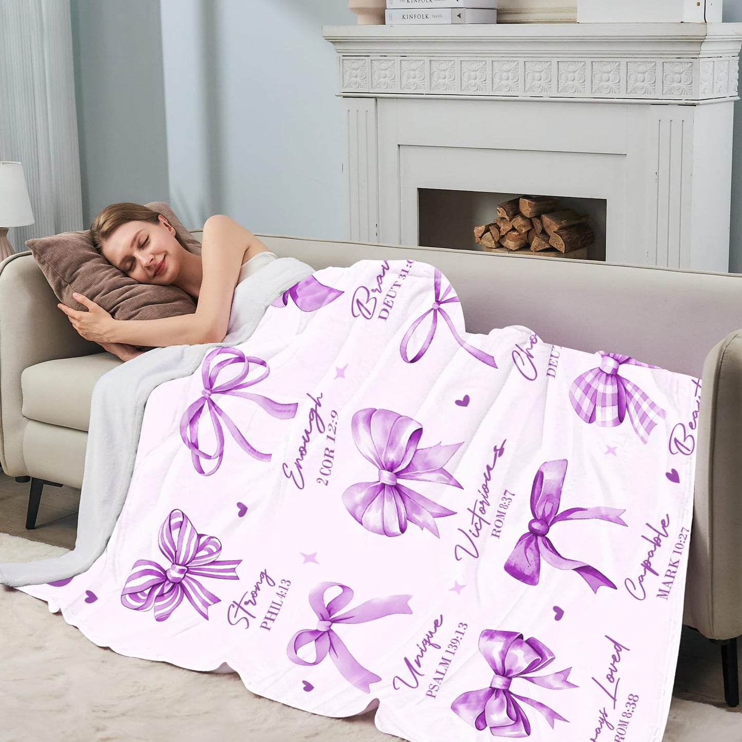 CIUGOIG Christian Gifts for Women - God Says I Am Blanket 50"X60" - Inspirational Religious Birthday Catholic Spiritual Gifts & Baptism Comformation Gifts for Girl Purple Bow Bible Verse Blanket