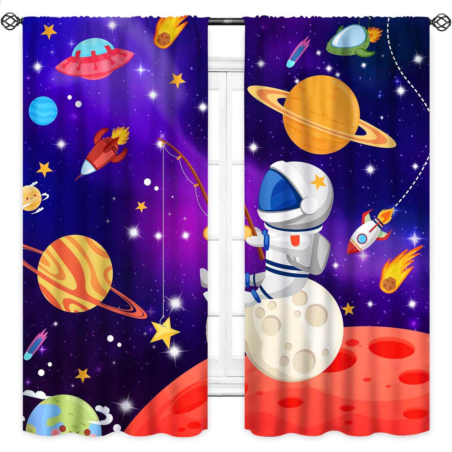 Lnepty Kids Cartoon Space Curtains,Outer Space Universe Solar System Planet Window Curtains for Boys Cartoon Astronaut Galaxy Curtains for Bedroom Nursery 2 Panels,42X45 Inch