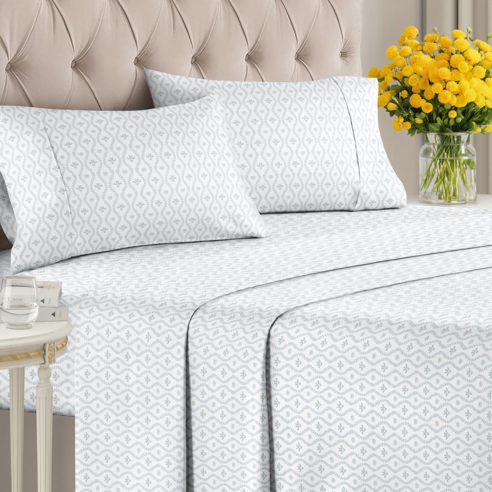 Floral Sheets - Damask Floral Bed Sheet Set - 1 Flat & 1 Fitted & 2 Pillowcases w/ Deep Pockets - Comfy, Wrinkle & Fade Free Boho Botanical Bedding - Ultra-Soft, Breathable and Cooling - King Size