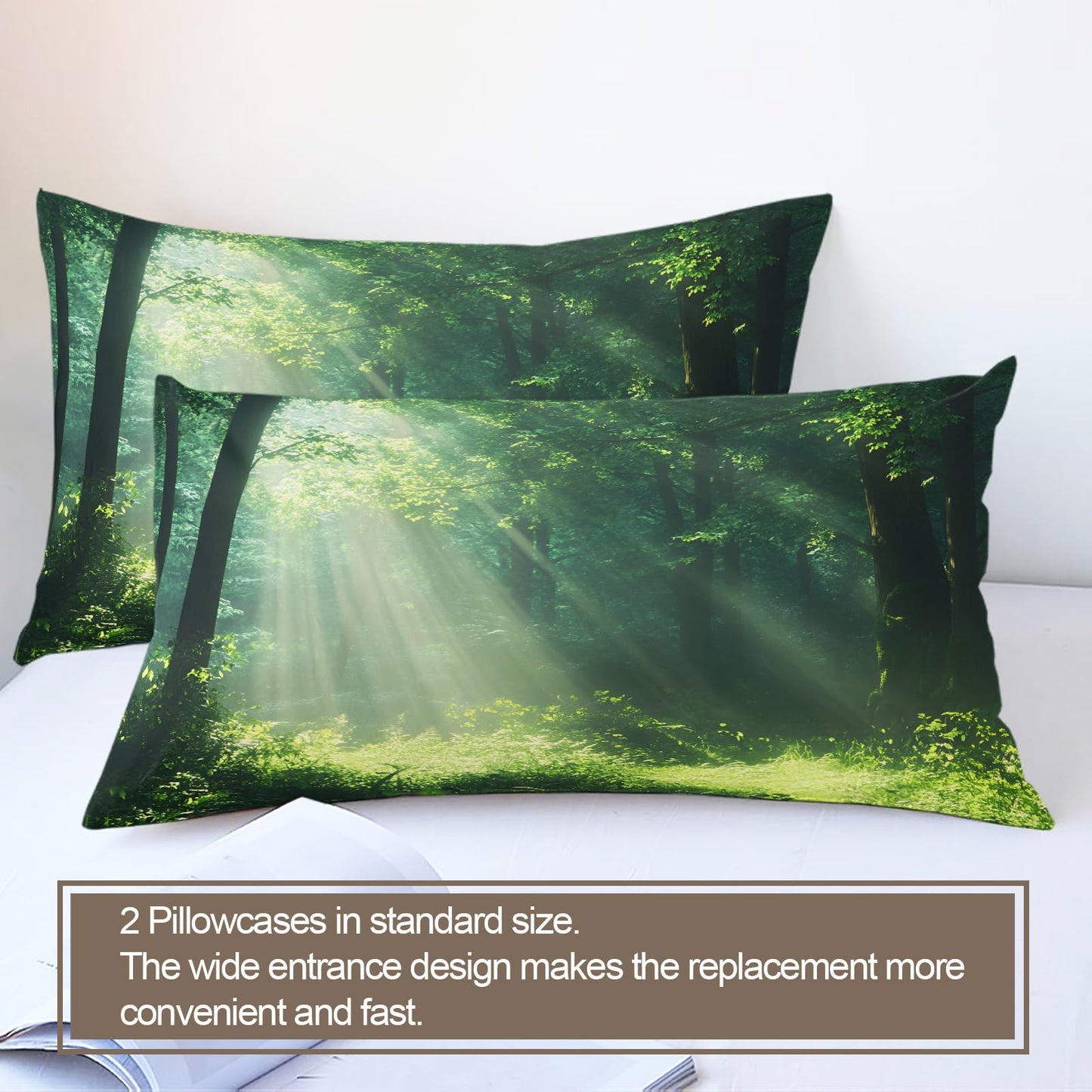 GKPLY Sunlit Forest Bedding Sets Queen, Misty Woodland Duvet Cover, Calm Nature Comforter Set, Zipper & Ties, 2 Pillowcases, Reversible Print, Serene Landscape Quilts & Home Decor, Easy Care