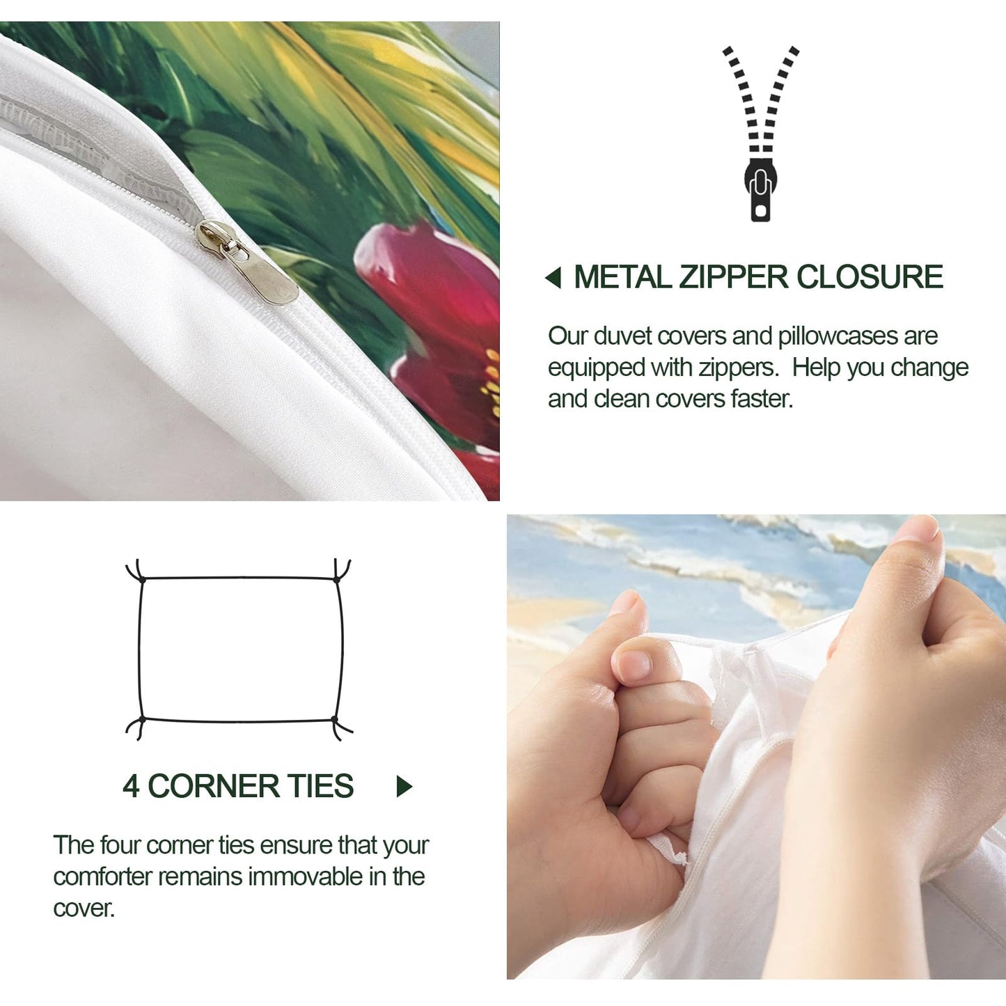 GKPLY Tropical Parrot Duvet Cover Queen, Coastal Ocean Bedding Set, Jungle Artwork Comforter Cover with Zipper & Ties, 3 Pieces Reversible Summer Bedding, 2 Pillowcases