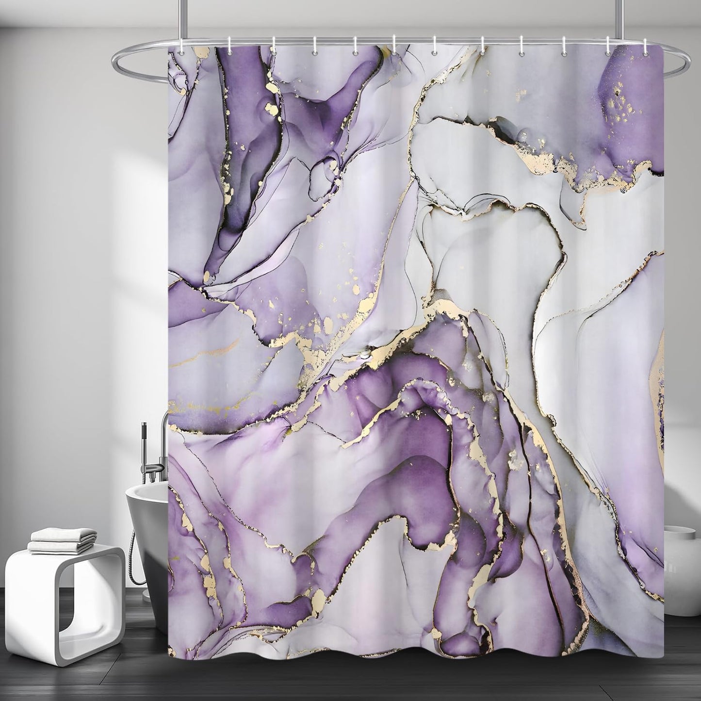 CRTPOD Purple Marble Shower Curtain, Modern Abstract Luxury Purple Gold Ink Texture Watercolor Art Bathroom Curtains Ombre Machine Washable Waterproof Fabric Bathtub Curtain Set with Hooks 72" Wx72 L