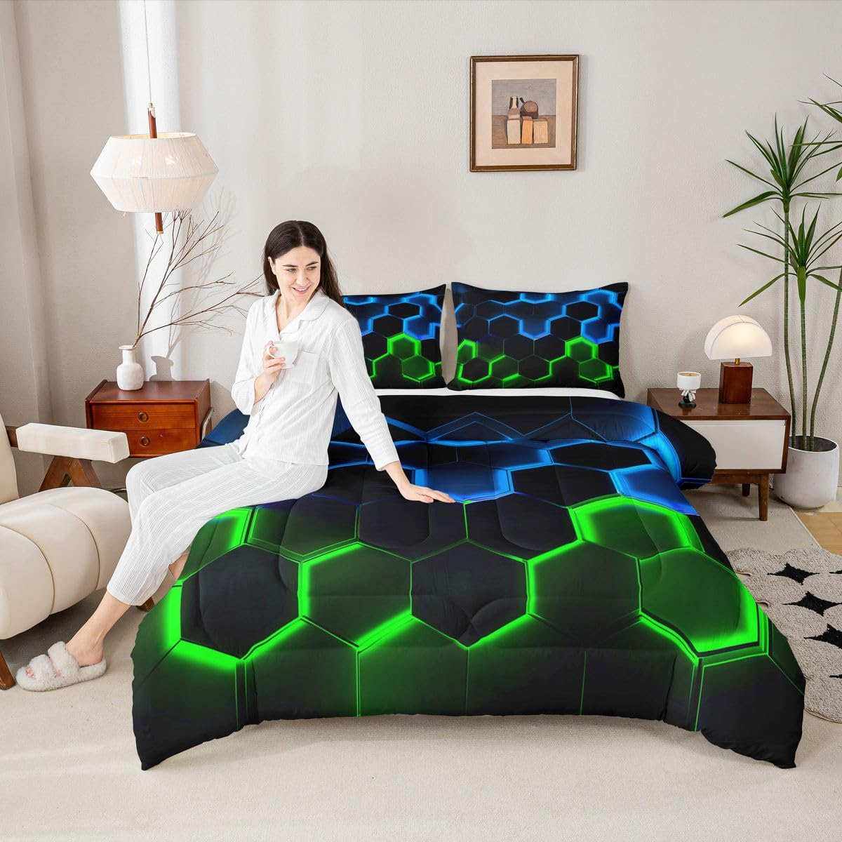 Castle Fairy Honeycomb Bedding Comforter Set Twin Size,Hexagon Theme with Green Blue Neon Lights Quilt Set,Boys Teen Man Chic Creative Home Bedding Set 2pcs Duvet Insert with 1 Pillowcase,Black